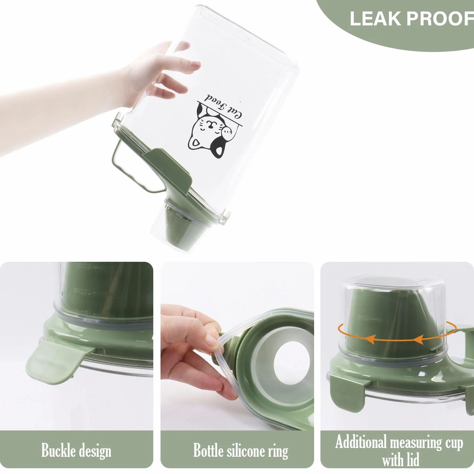 Boîte de rangement nourriture chat 2,8 l transparente avec gobelet doseur et bec verseur, Vert