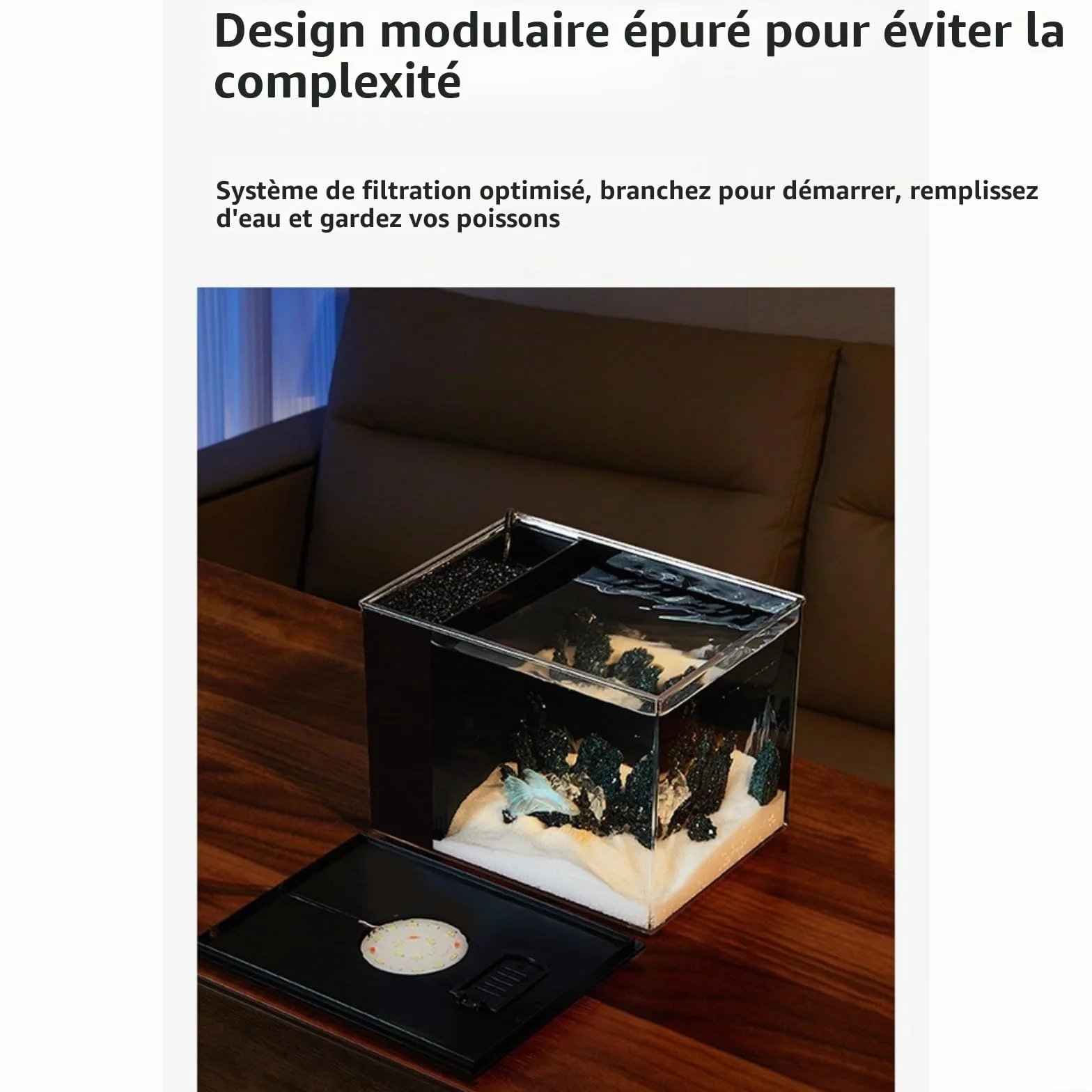Aquarium de table avec filtre latéral, filtration améliorant l'oxygène, pompe de débit 160 l/h, luminosité réglable à 10 niveaux et éclairage LED (S)