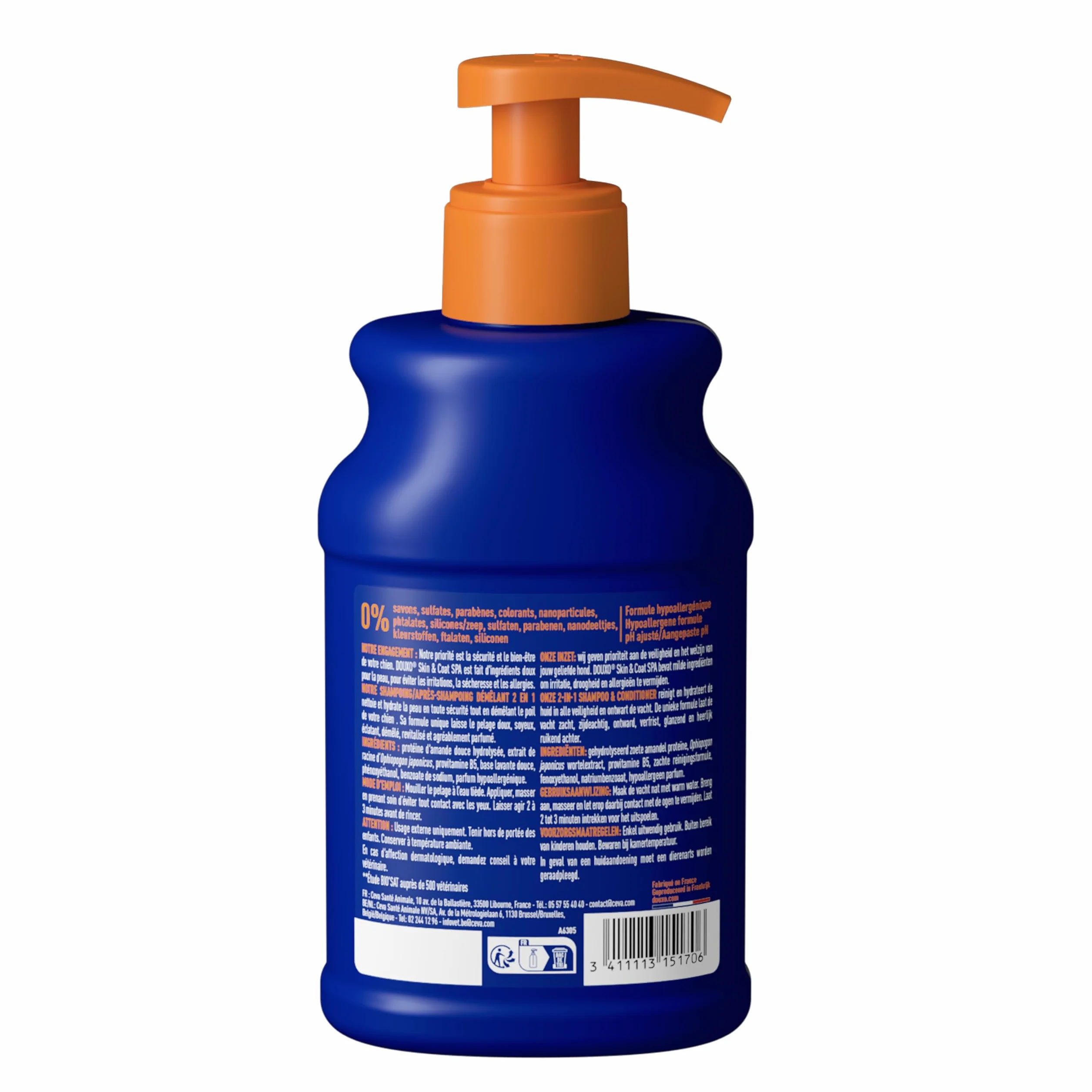 DOUXO Skin & Coat Spa - Ultra-Safe Shampoing 2 en 1 démêlant pour Chiens, 250 ML, nettoie et Hydrate en Profondeur la Peau et Le Poil, Laisse Le Pelage Doux, Soyeux et démêlé, respecte la Peau.