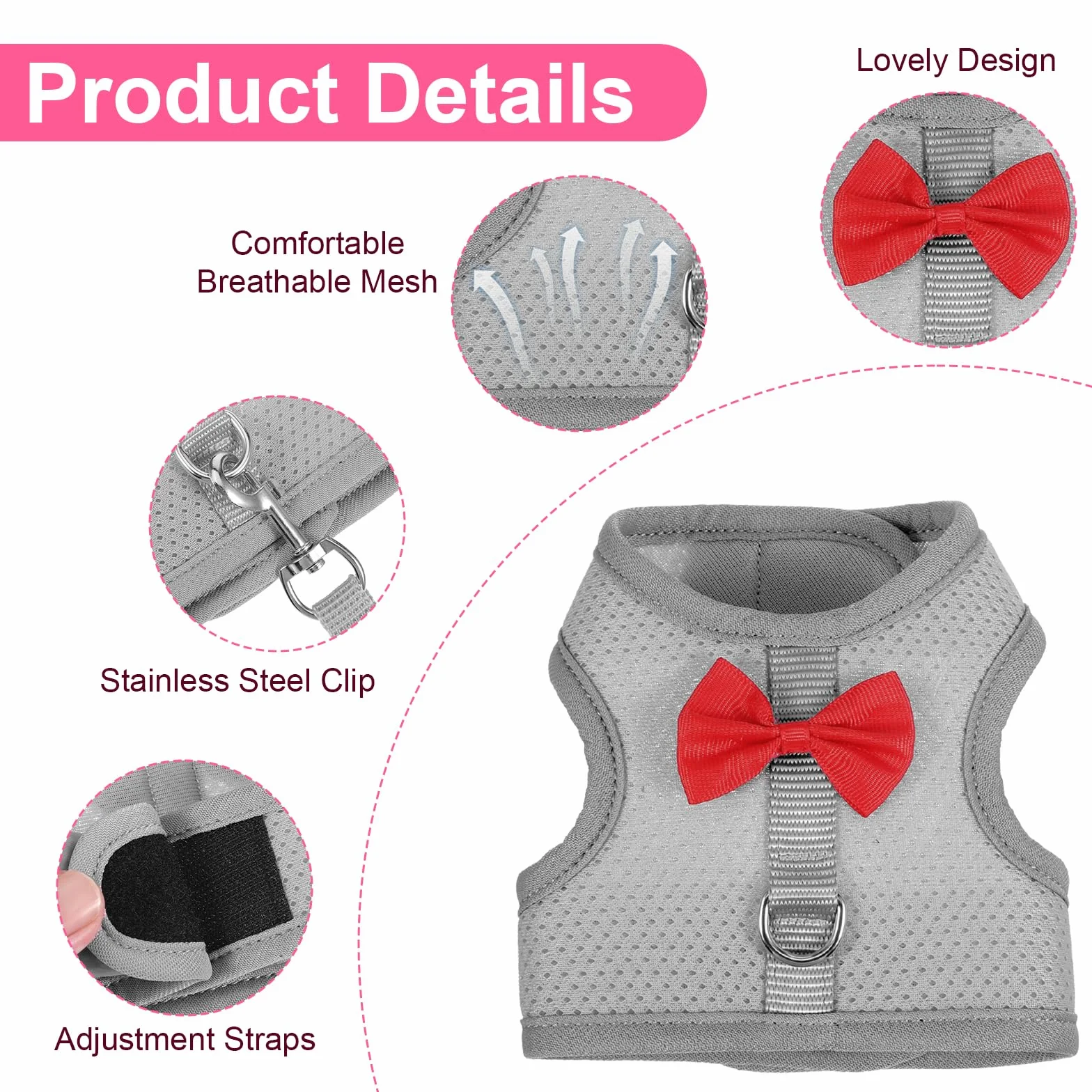 Harnais souple réglable avec laisse élastique pour lapin furet chaton chiot petits animaux gris