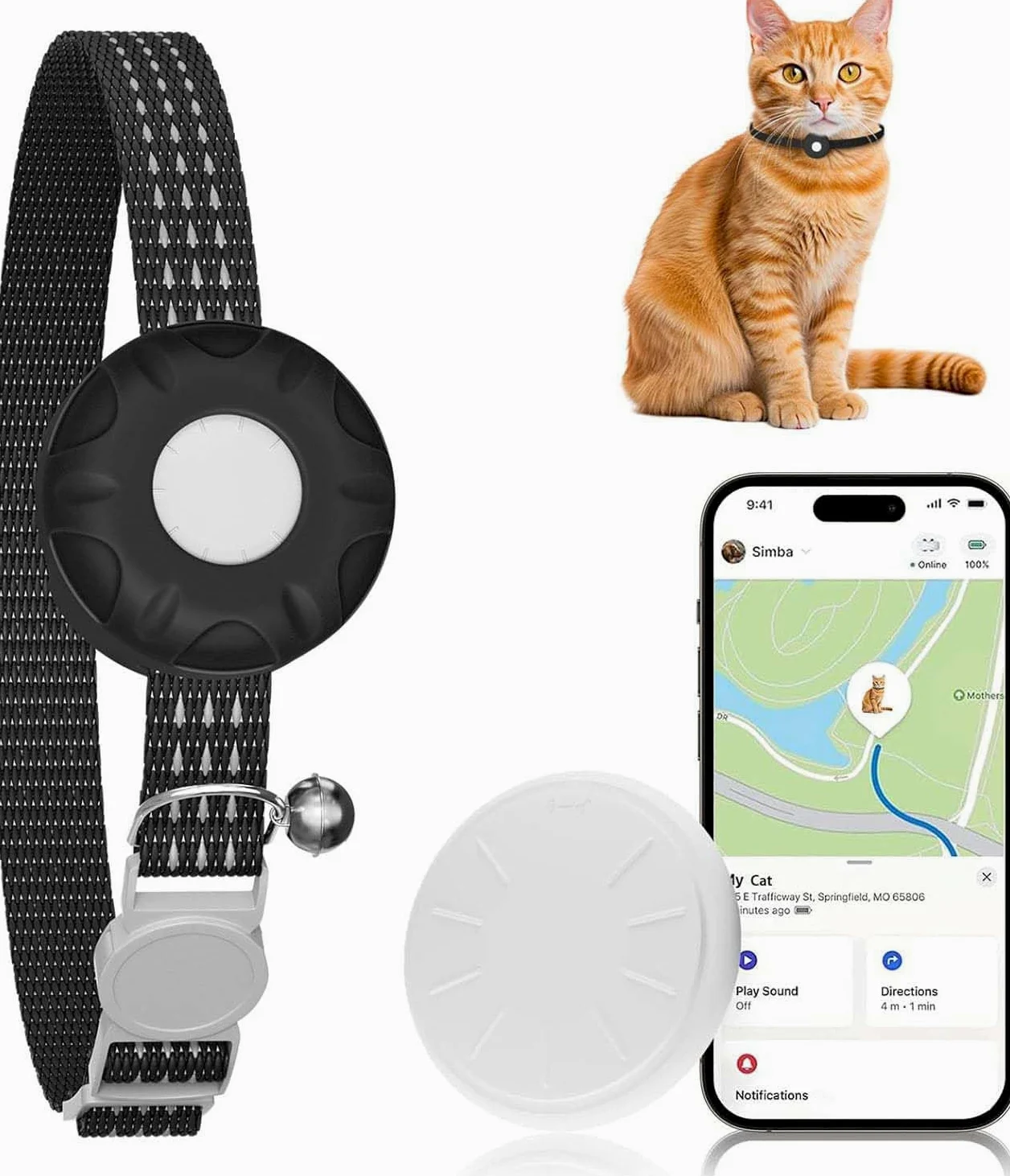 Traqueur GPS pour chat, sans frais mensuels, compatible avec Apple Find My App (uniquement iOS), collier de suivi étanche pour chat avec cloche et boucle élastique de sécurité, emplacement en temps