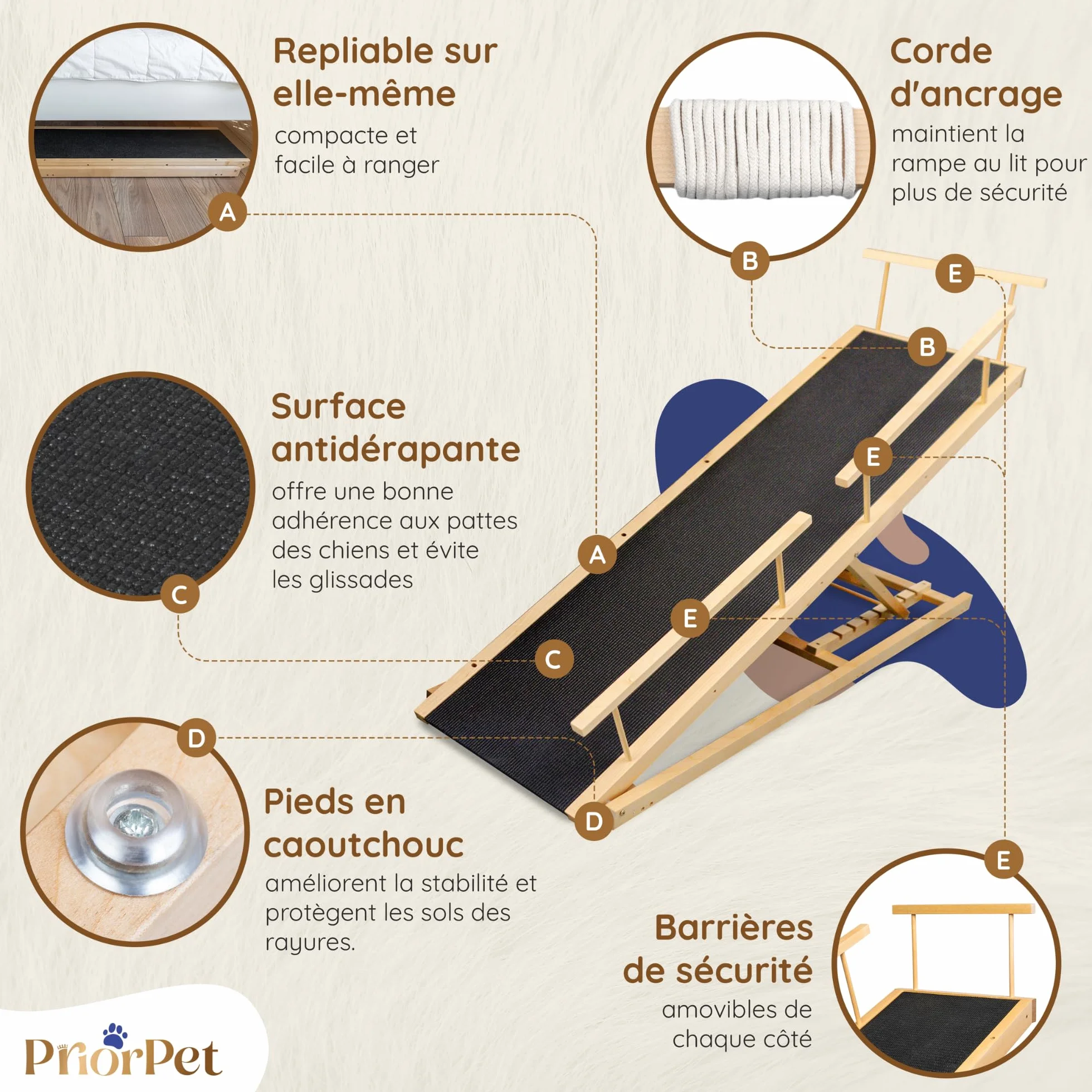 PRIORPET Rampe pour Chien avec Barrières de Sécurité Escalier Pliable Lit Haut 94.5 cm Bois de Bouleau Antidérapante 23kg Naturel