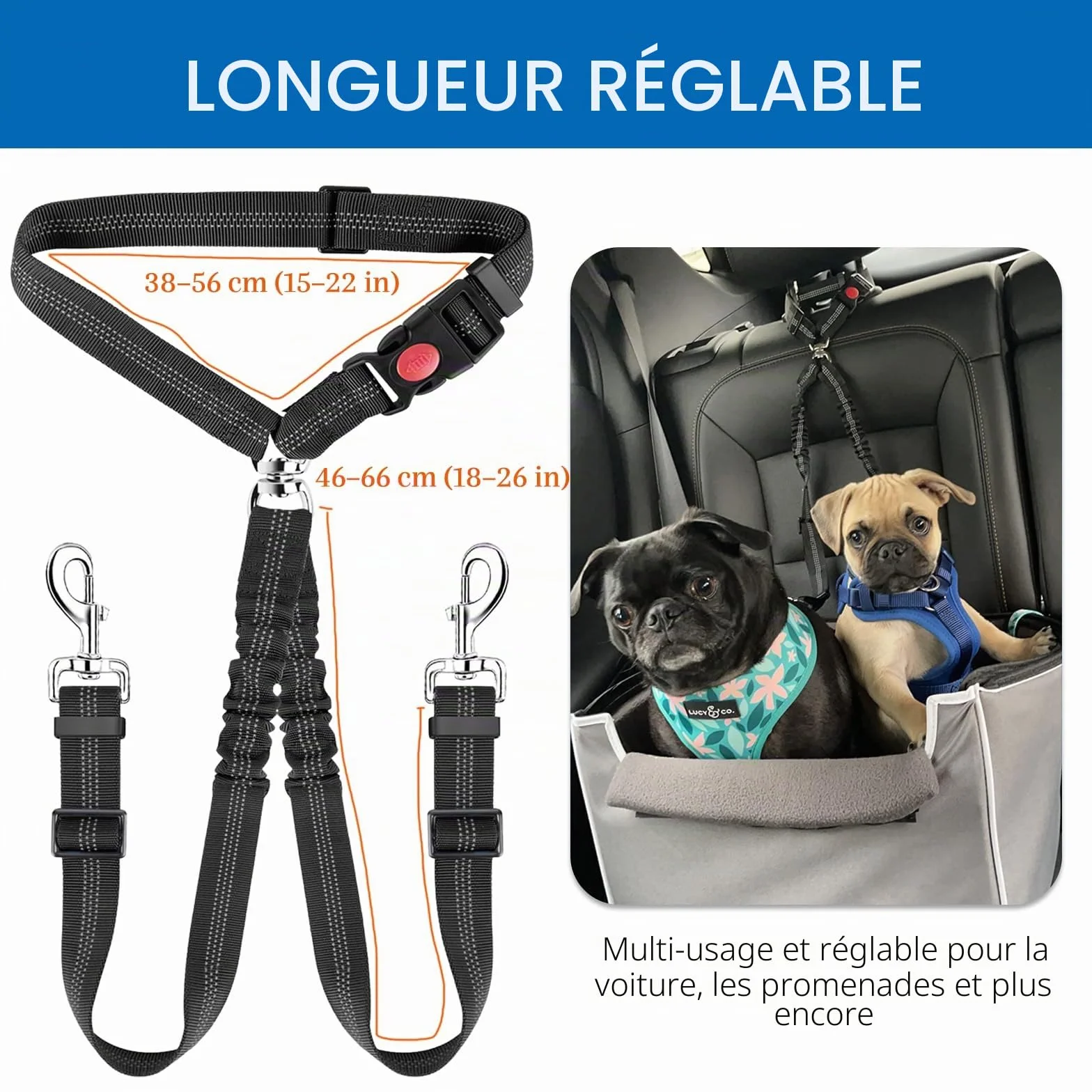 Réglable Double Ceintures de Sécurité pour Chien pour Voiture avec Absorption des Chocs pour Chien