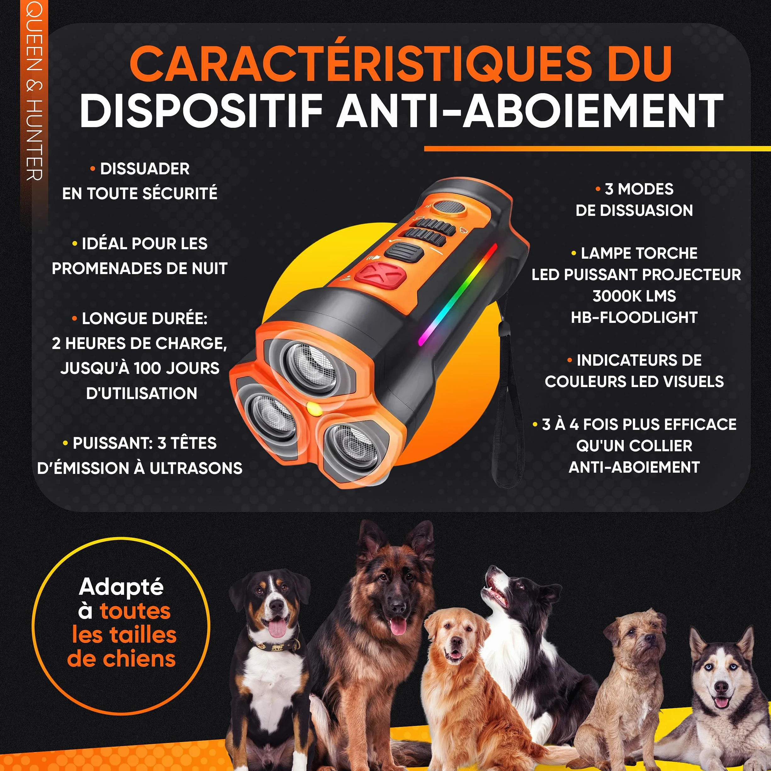 Anti Aboiement Chien Ultrason Dispositif Dressage sans Collier Électrique Portatif pour Petit et Grand Chiens