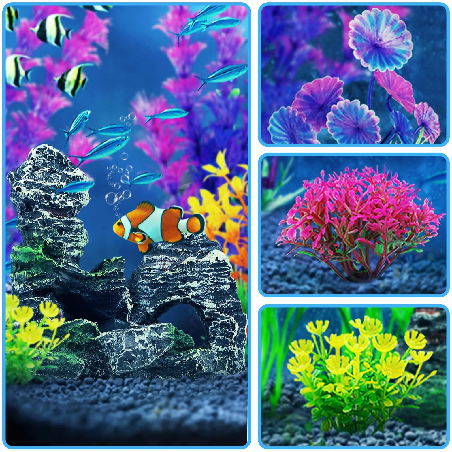 QUOZUO Plantes d'Aquarium Artificielle avec Rocher Polyrésine Grotte Ornement 9 Pièces