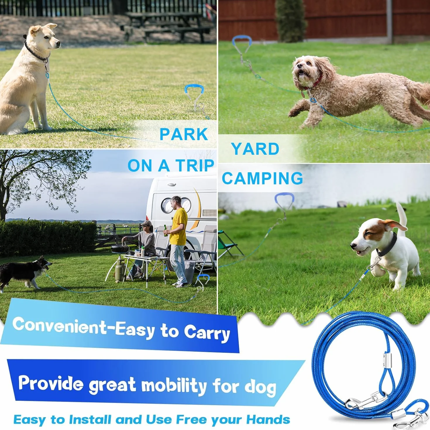 Supet Set Câbles et Piquets d'attache pour Chien en Acier Inoxydable pour Exterieur Jardin Cour