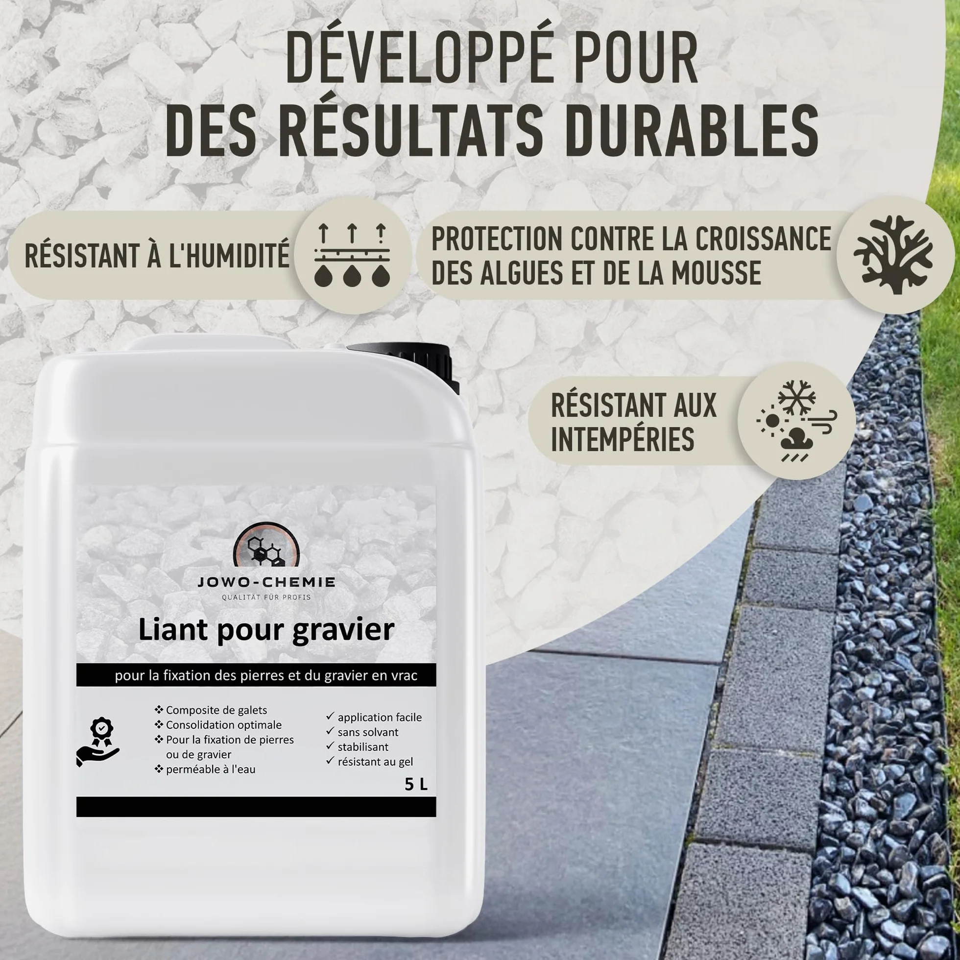 Liant pour gravier extérieur 5L – Stabilisateur de gravier & colle cailloux pour allées, terrasses et jardins | Fixateur drainant anti-déplacement pour gravier, pierre et galet décoratif.