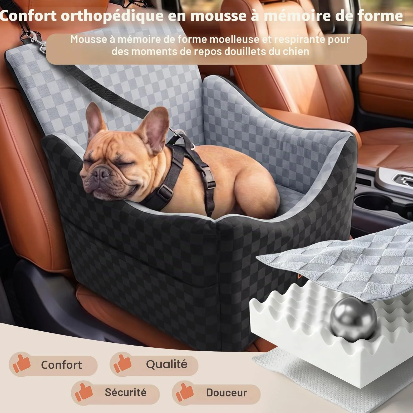 Siège Auto Chien Extra Stable pour Petite à Moyenne Taille, Mousse à Mémoire de Forme, Housse Lavable, Coussin Double Face