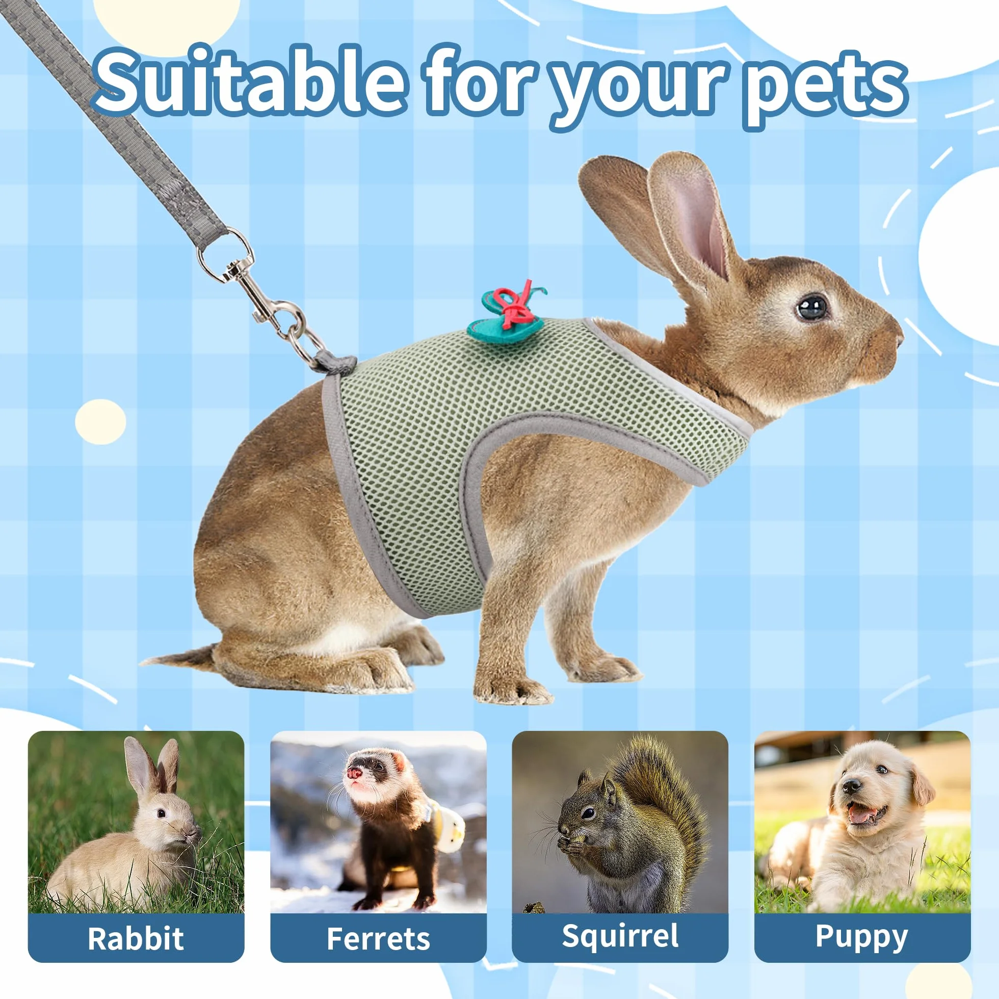 AIITLE Ensemble harnais et laisse pour lapin avec nœud mignon, harnais réglable anti-fugue pour lapins, chatons, furets, chiots et petits animaux de compagnie, pour promenade, randonnée, camping,