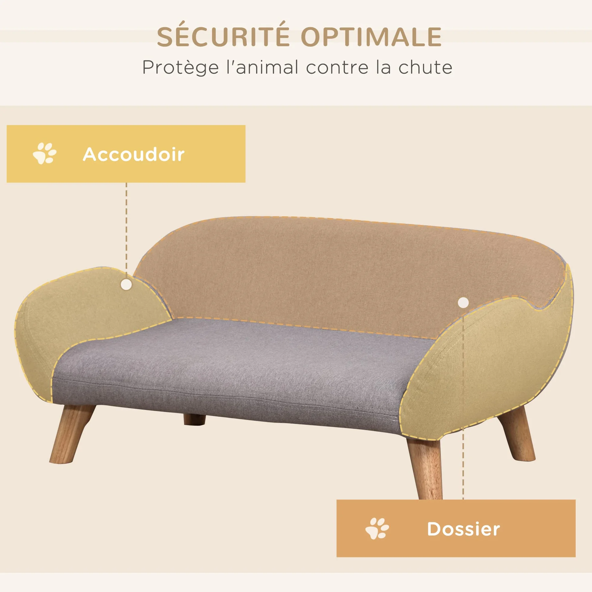 PawHut Canapé pour Chien Style scandinave Pieds en Bois Tissu 72 x 44 x 31 cm Gris