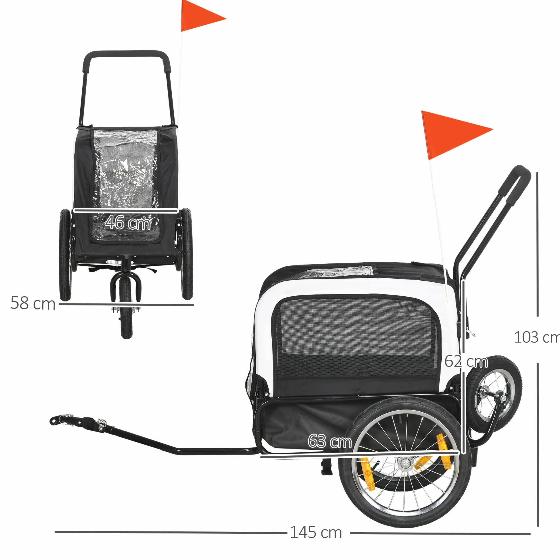 PawHut Remorque vélo Jogger 2 en 1 pour Animaux de Compagnie, remorque à vélo pour Chien, Noir