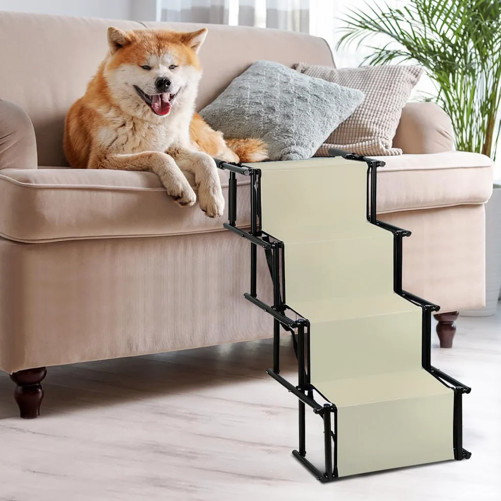 Rampe de Voiture Pliable pour Chien, Escalier à 4 Marches pour Animaux de Compagnie, Utilisable pour Tous Les véhicules, Chargable jusqu'à 75 kg Imperméable Polyester Oxford Métal (Beige)