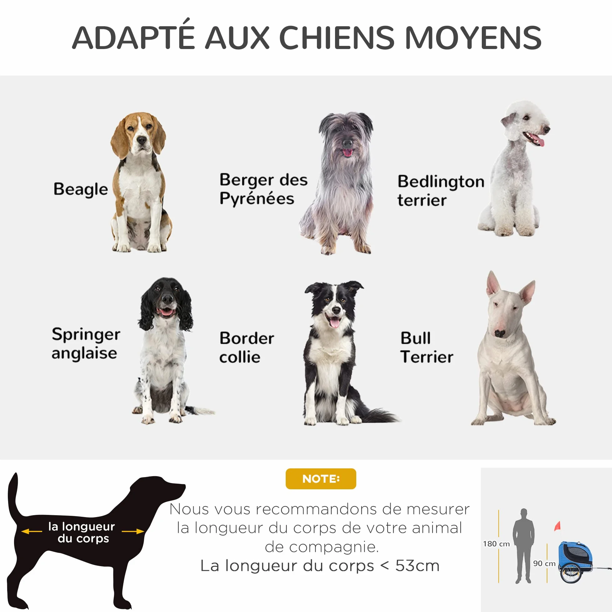 PawHut Remorque Velo pour Chien Animaux avec 8 Reflecteurs Drapeau Bleu Noir