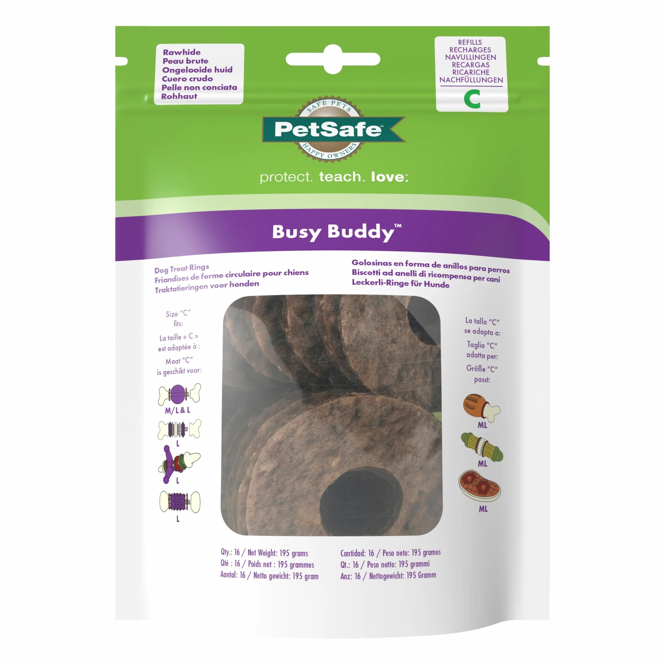 PetSafe Anneaux de Friandises en Peau de Bœuf pour Jouet Busy Buddy Chien, 16 Anneaux, Taille C