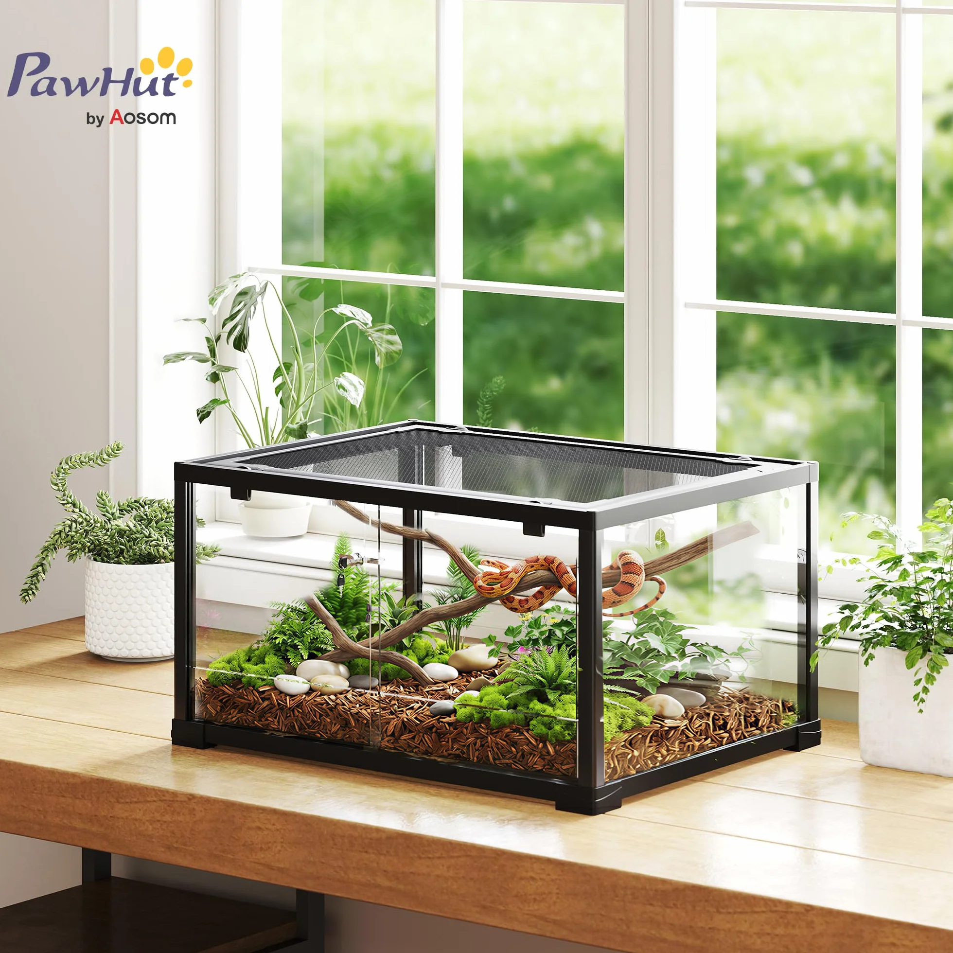 PawHut Terrarium en Verre 86L 60x45x32cm pour Reptiles Lézards Serpents Geckos Porte Coulissante Noir