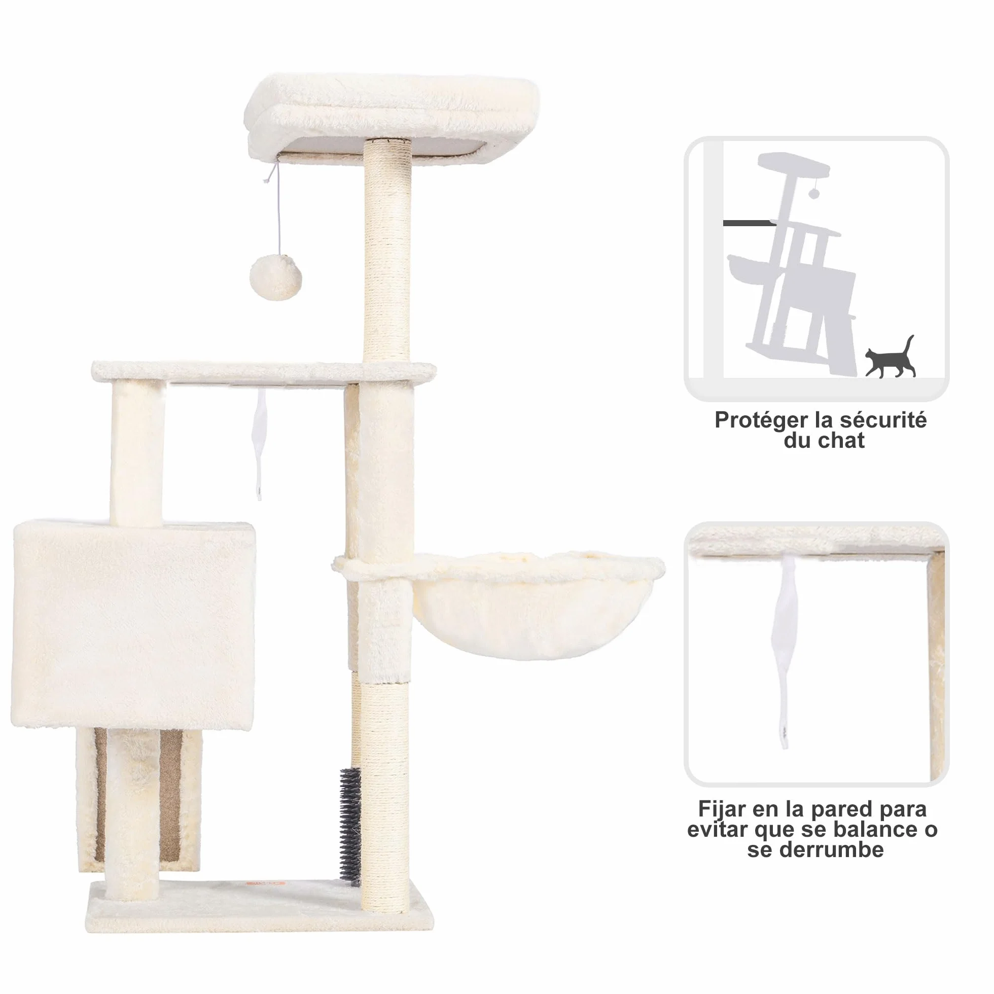 Heybly Arbre à Chat, Brosse de Nettoyage Automatique, Arbre à Chat Domestique Robuste avec Peluche Polie, Chaise Longue, Bac à Litière avec Panneaux et Griffoir, Beige HCT005SM