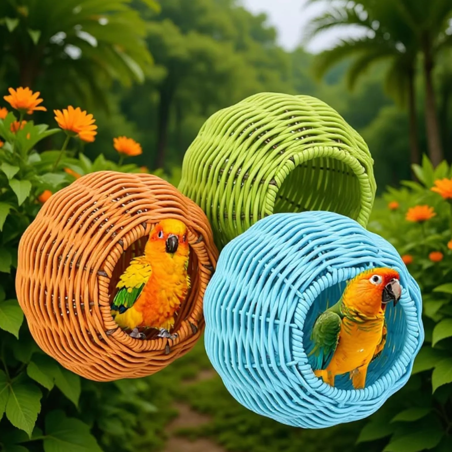 Nid d'Oiseau en Rotin Synthétique Fait à la Main Respirant et Lavable pour Cage Volière Jardin Canaris Perruches Perroquets