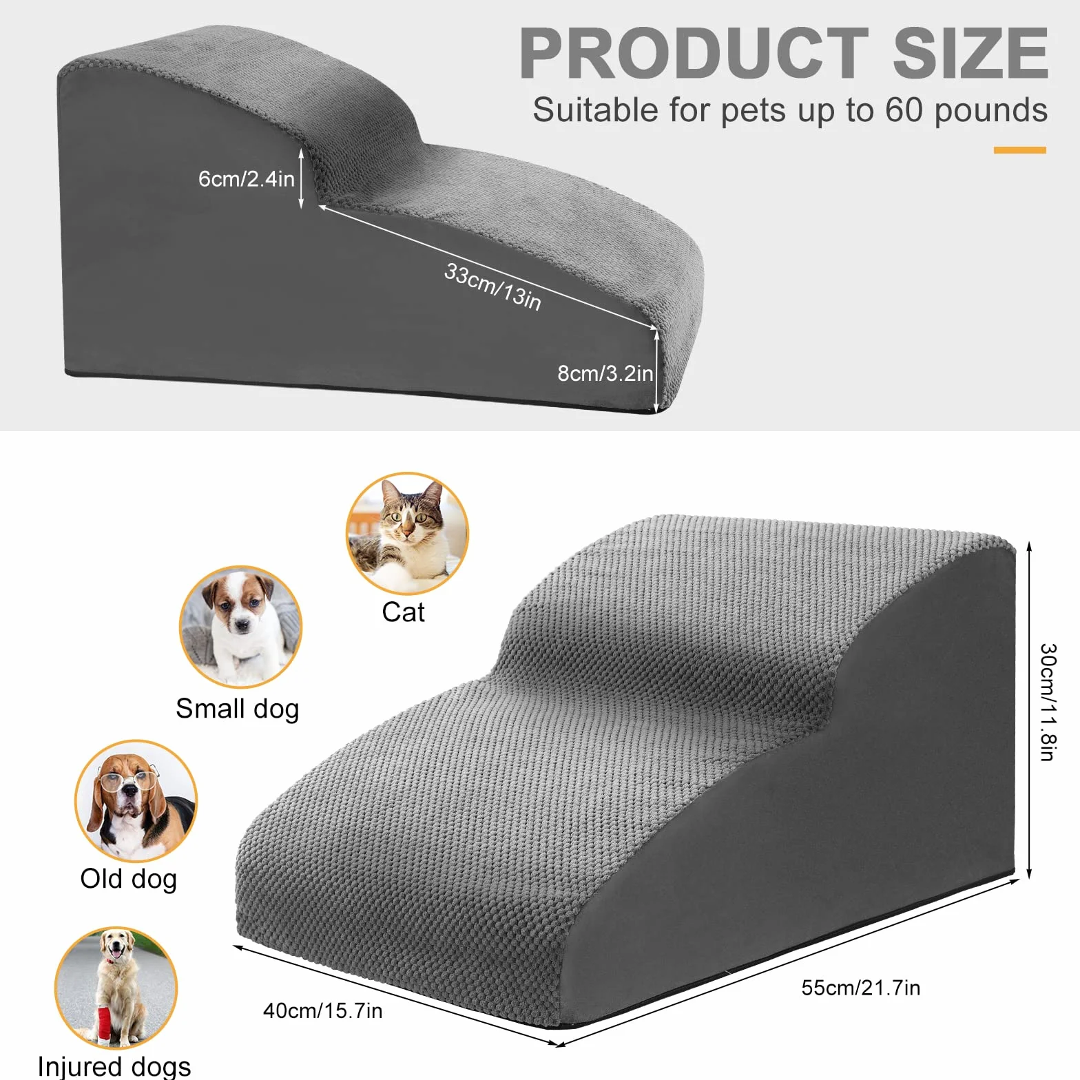 Lannvan Escalier pour Chien 2 Marches - Escaliers Animaux Éponge - Rampe Chien Chat Housse Tissu Amovible Lavable