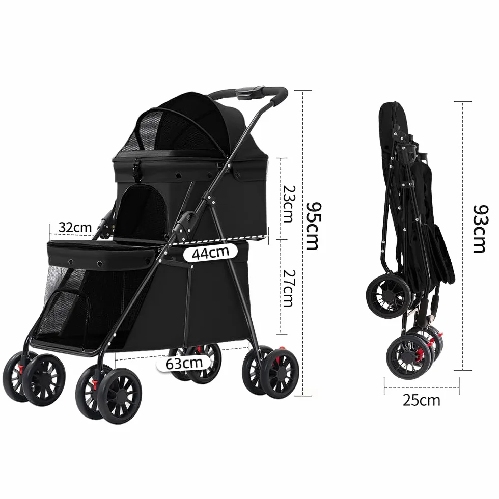Poussette Double Couche pour Chien Chat Animaux Voyage, Pliable 4 Roues Chariot Landau Jogger Buggy 67x50x95cm Noir