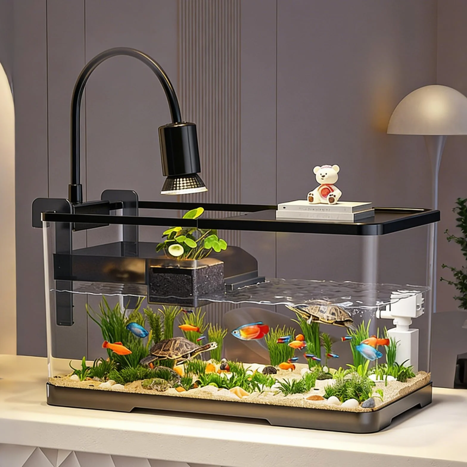 Terrarium Tortue avec Plateforme de Repos et Lampe, Aquarium Tortue Deau avec Plateforme Suspendue, Couvercle