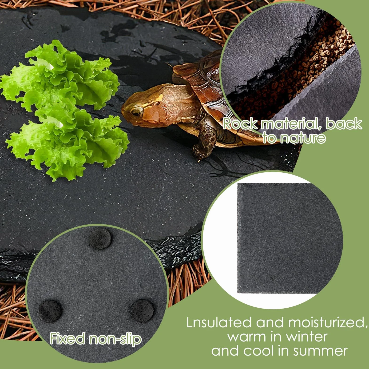 Lot de 3 plates-formes en ardoise pour reptiles et tortues - Plateforme de bain pour tortue - Accessoires de décoration (noir)