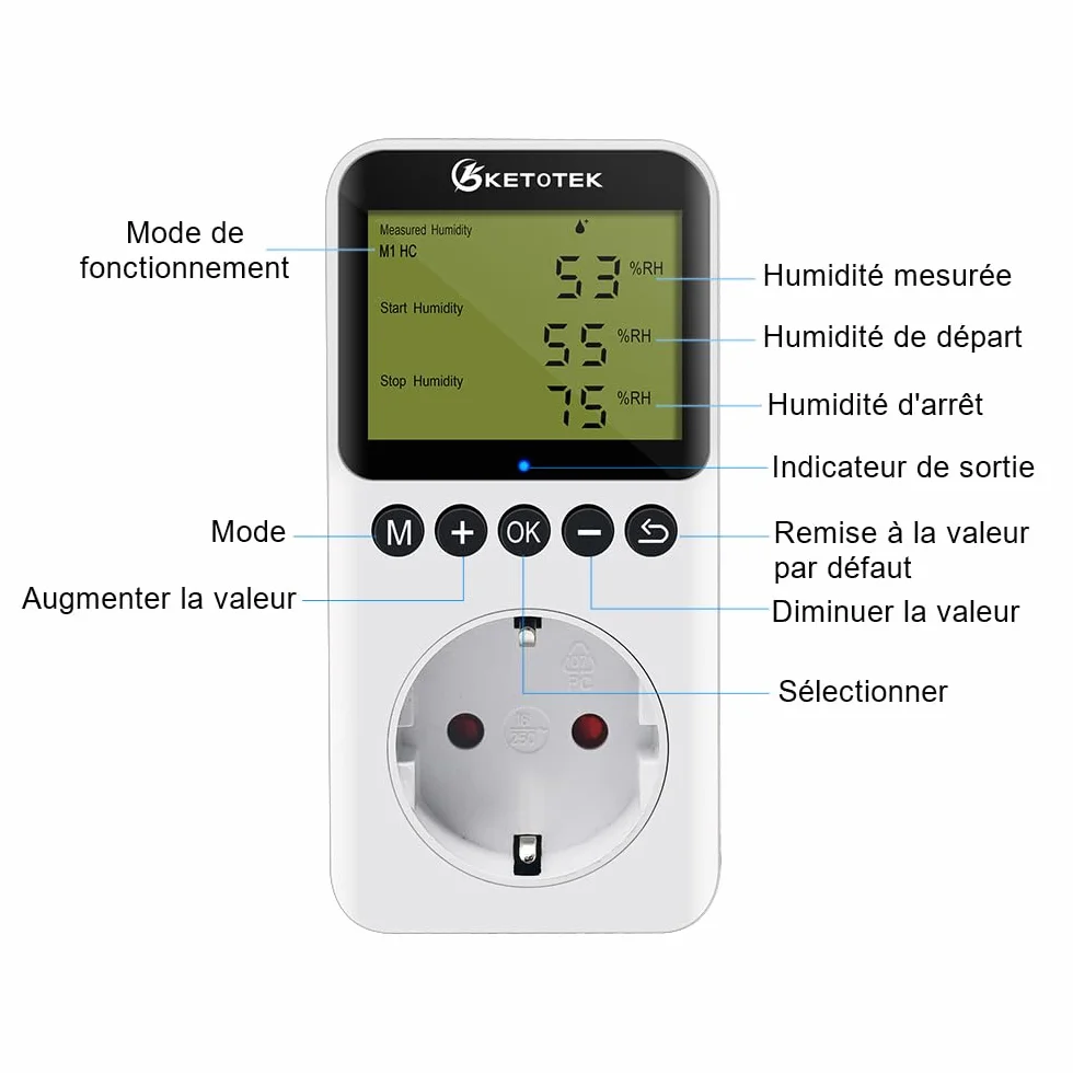 KETOTEK Prise Hygrostat Numérique avec Sonde, Contrôleur Humidité 220V pour Terrarium Reptile Couveuse Incubateur