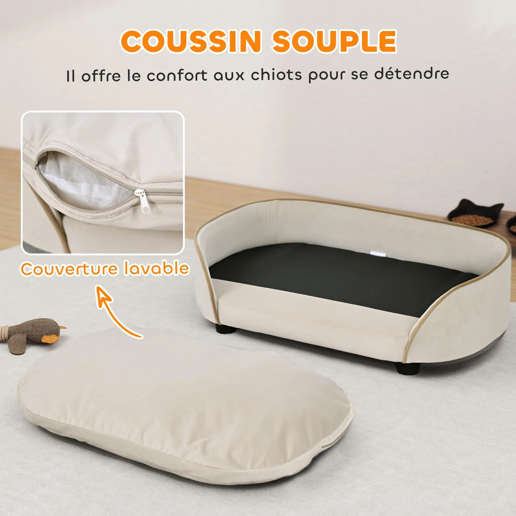 PawHut Canapé pour Chien avec Coussin Amovible et Housse Lavable, Velours, 66 x 43 x 19,5 cm, Beige