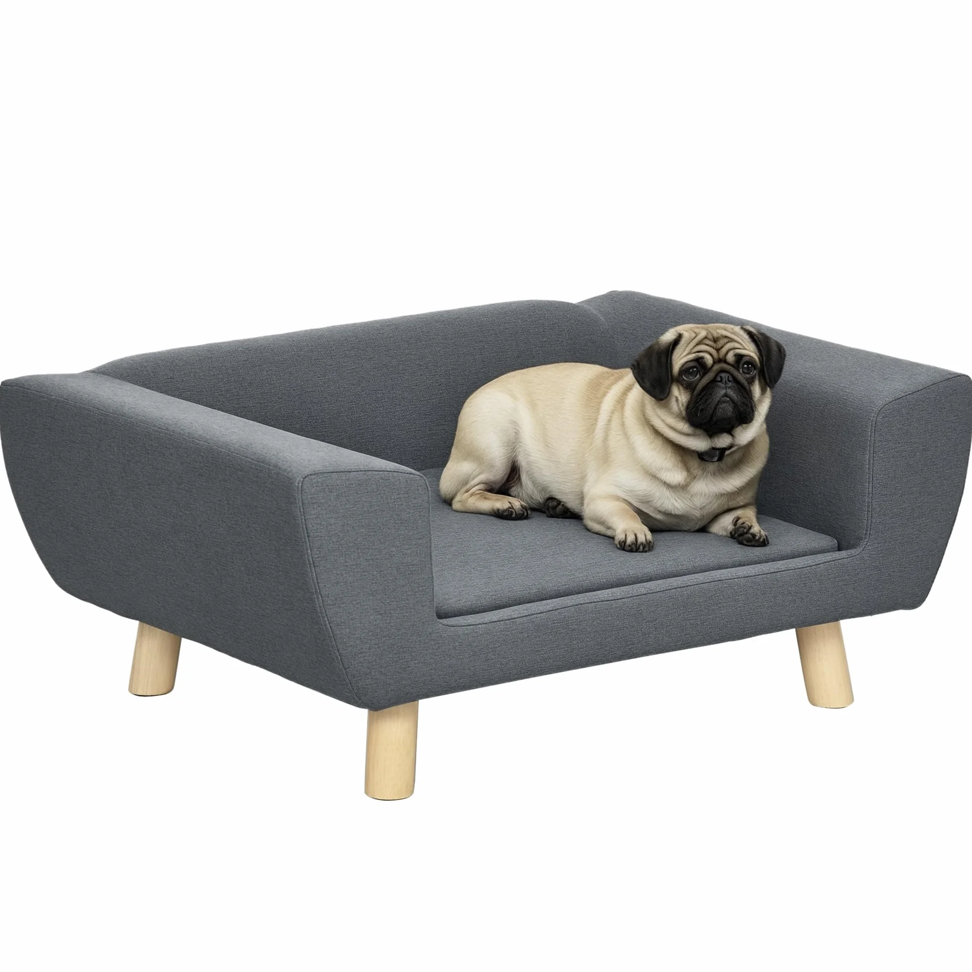 PawHut Canapé Chien Lit Scandinave Pieds Bois Massif 87x61x36 cm Polyester Gris