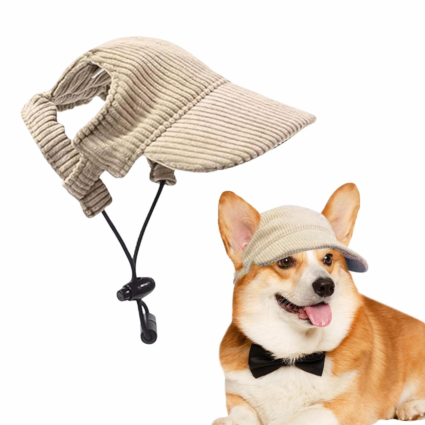 Casquette de baseball pour chien réglable avec trous d'oreilles chapeau de soleil velours côtelé respirant kaki taille L