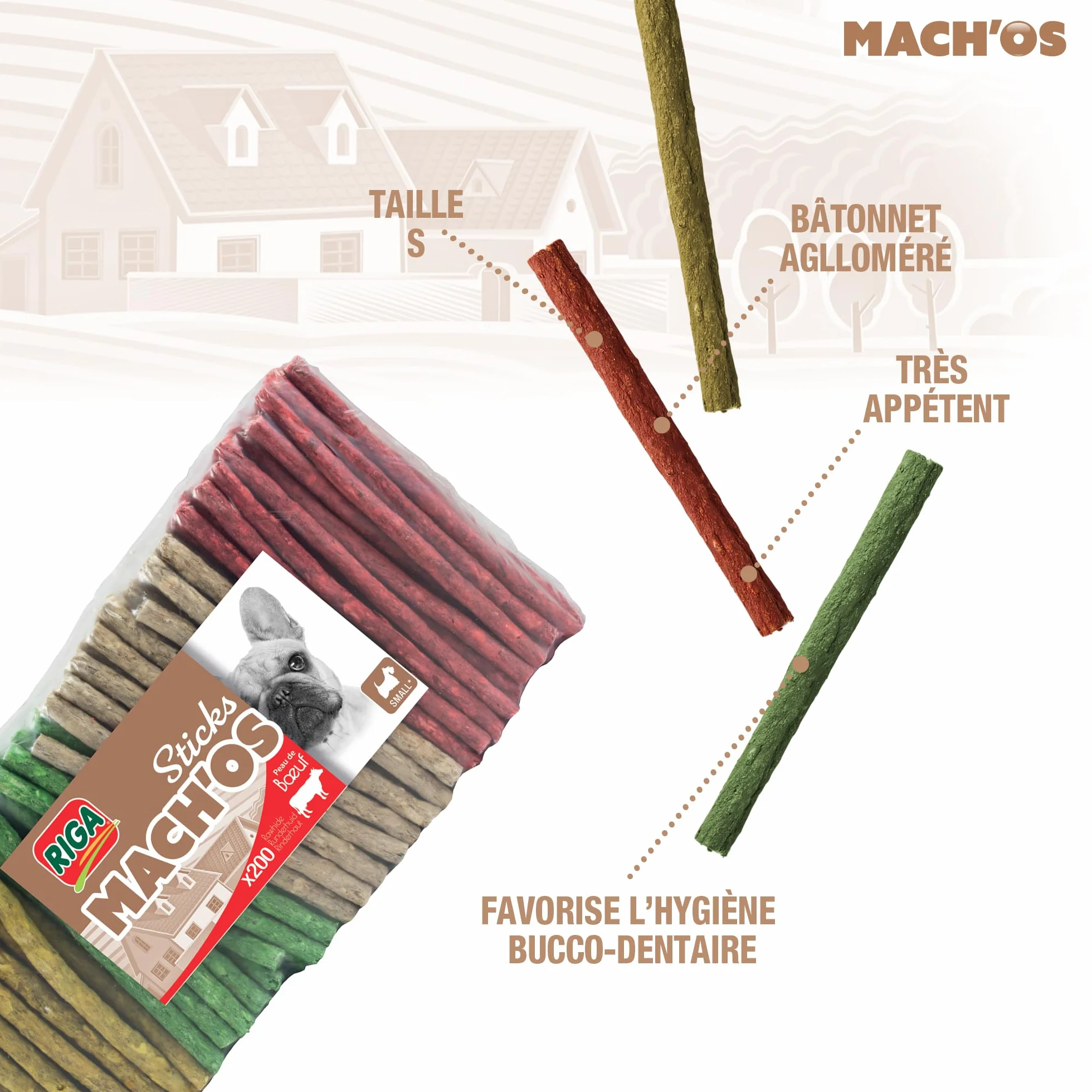Riga - Mach'os - Bâtonnet Aggloméré - Friandise Chien - Peau De Buffle - Riche en Protéines - Hygiène Buccale - Mastication Et Récompense - pour Petit Chien - x 200