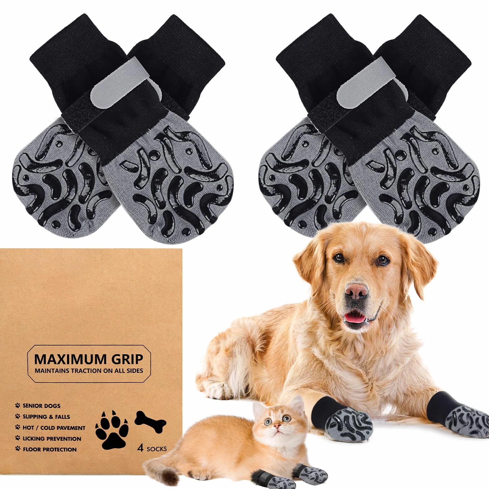 Réglables Chaussettes Chien avec Adhérence Protection Coussinet Protège-Pattes Anti-Léchage Anti-Glissement (M)