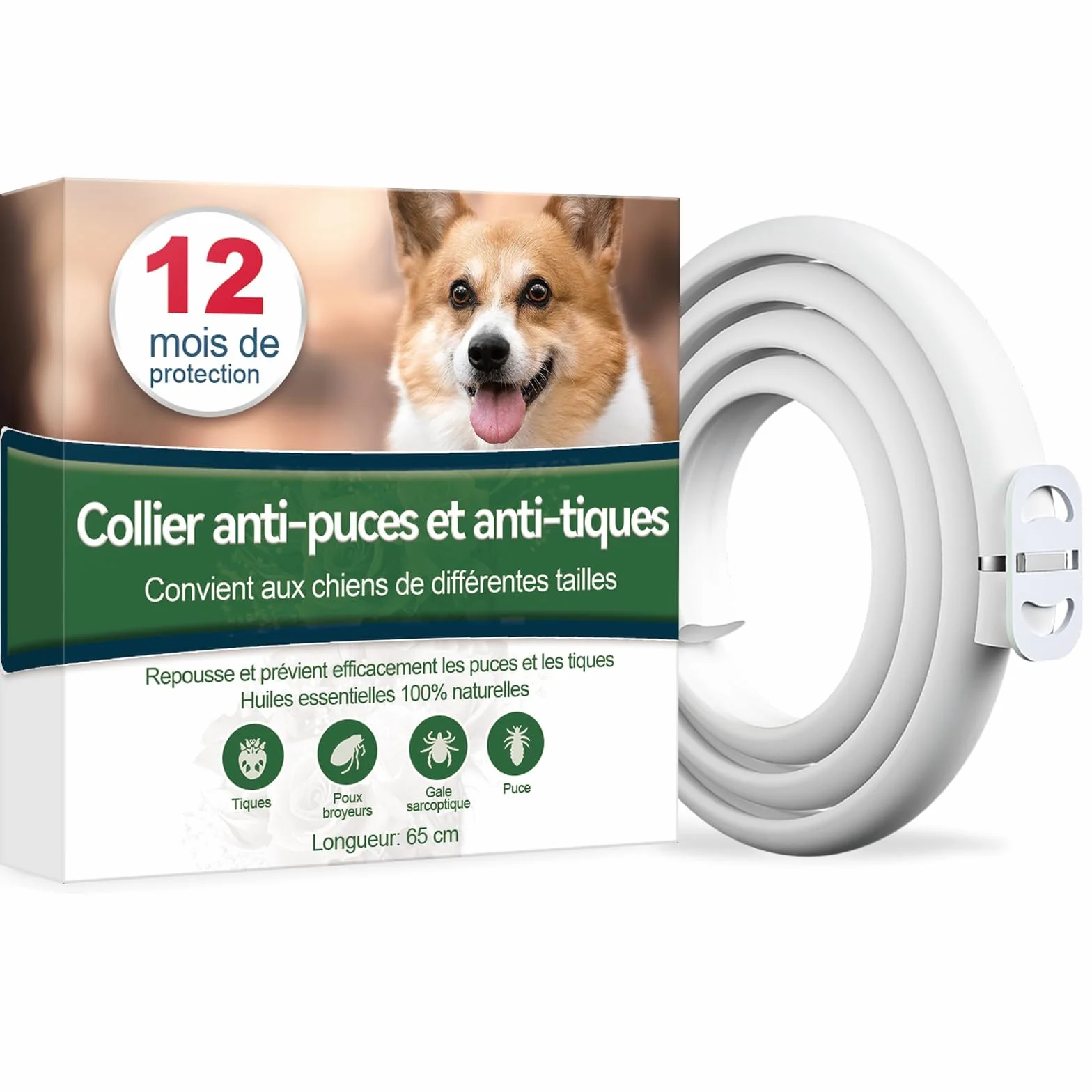 Collier Anti Puces pour Chien 65cm Réglable Étanche 12 Mois Protection