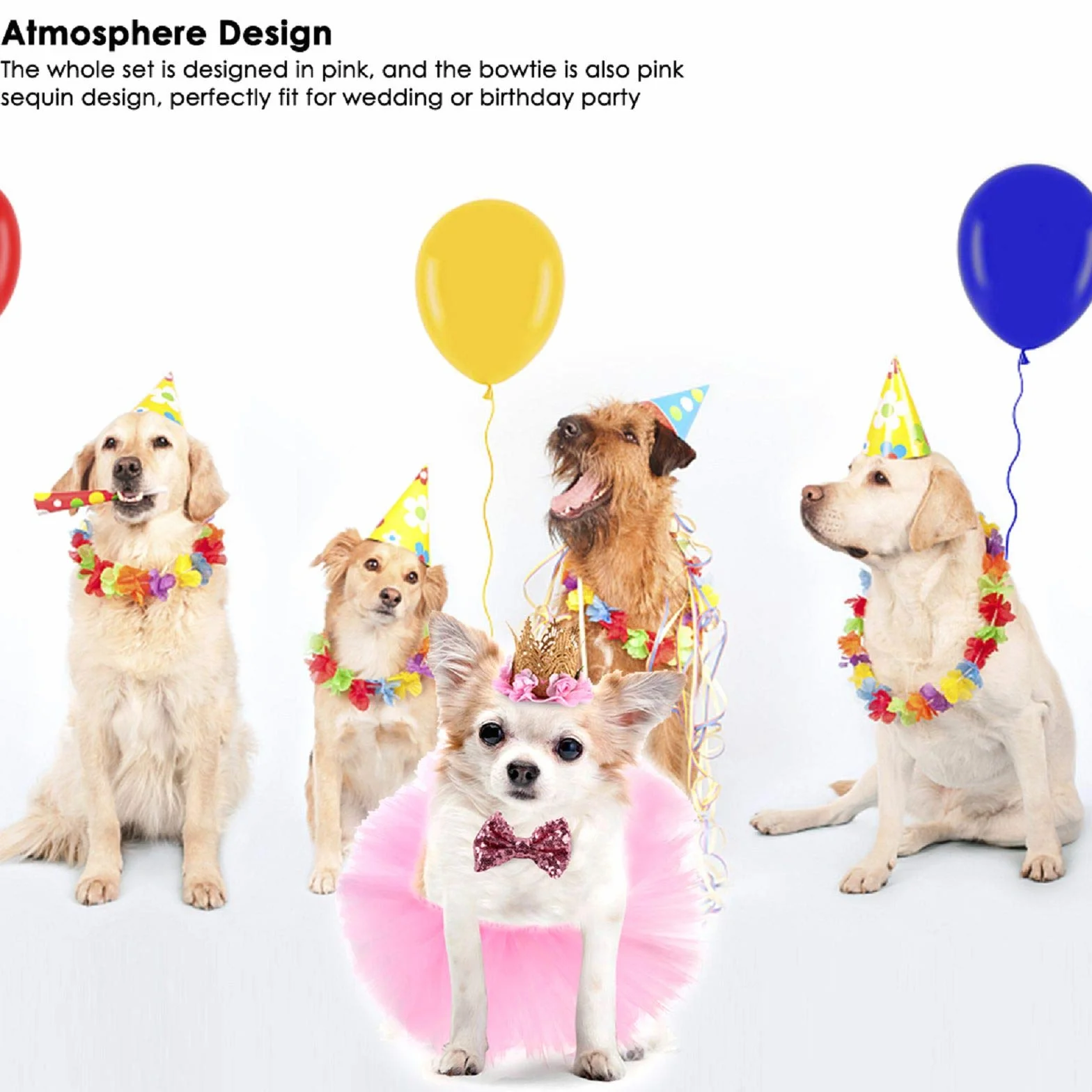 Costume de Chien 3 Pièces Rose Jupe Tutu Couronne Chapeau Paillette Noeud Papillon pour Petits Chiens et Chats