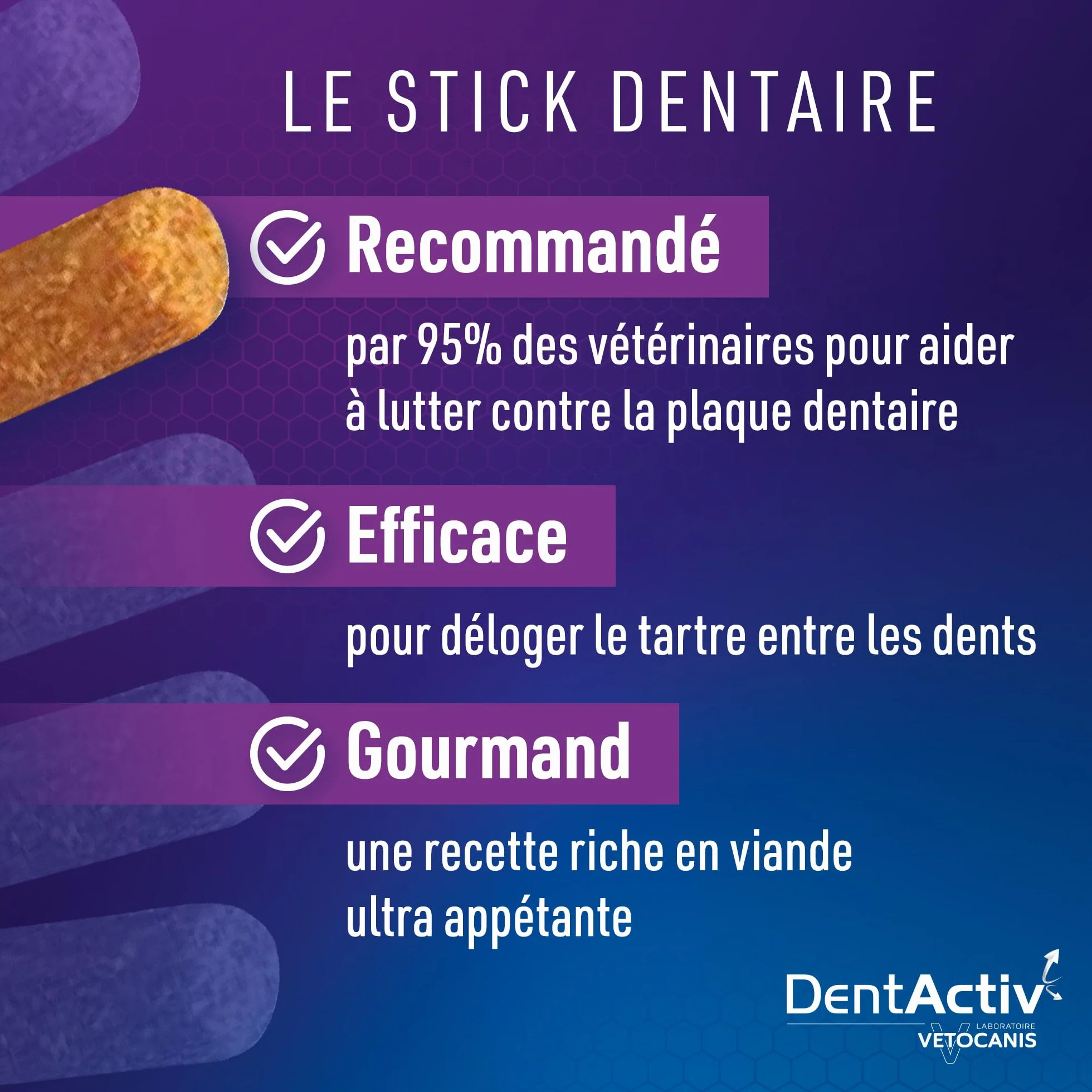 Vetocanis Dentactiv Stick Dentaire Friandises Chat Hygiène Santé 85% Poulet Anti-Plaque