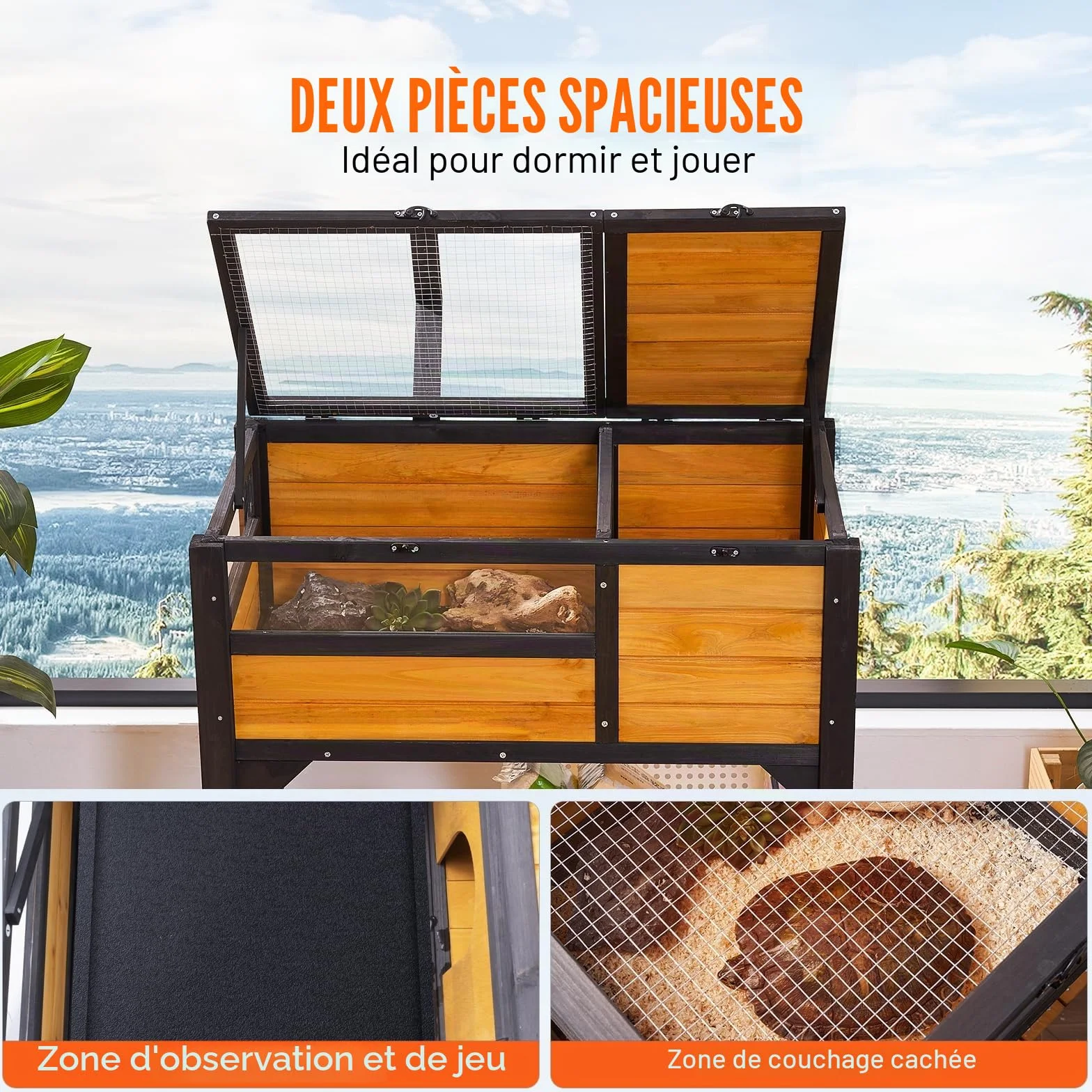 VEVOR Maison pour Tortues Intérieur Extérieur, Enclos en Bois avec Support d'Éclairage pour Reptiles Petits Animaux