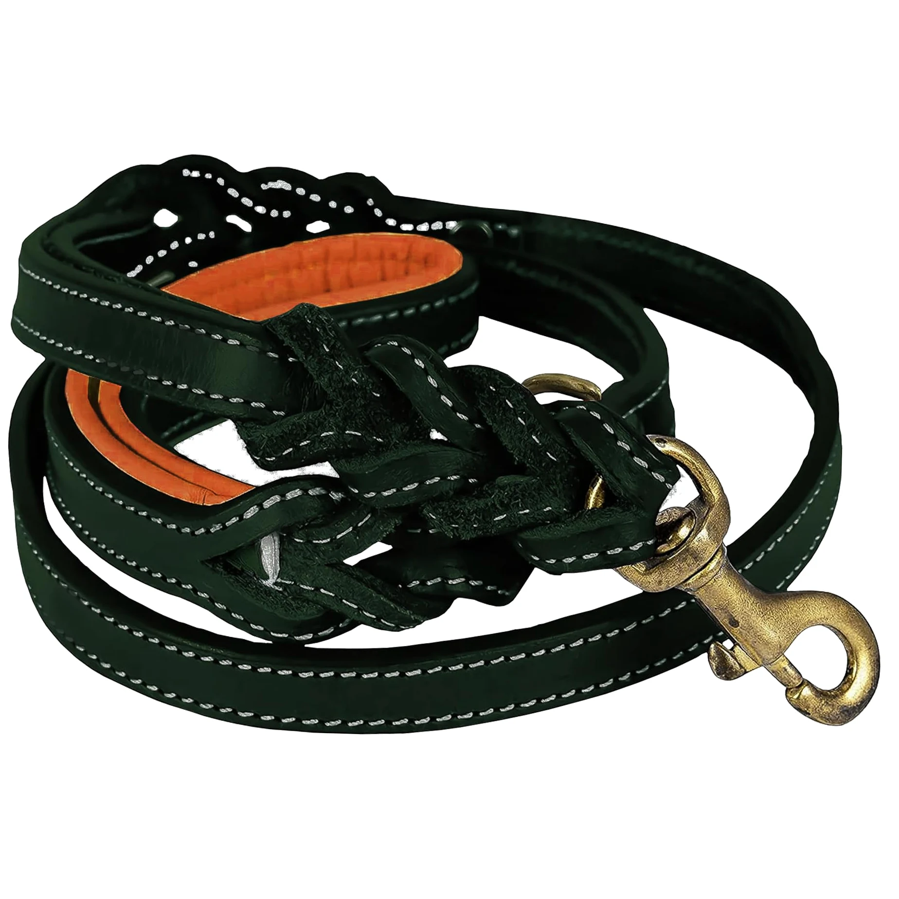 Laisse pour chien en cuir véritable tressé à la main avec double poignée avec anneau en D, rembourrée et poignée de signalisation, 1,8 m