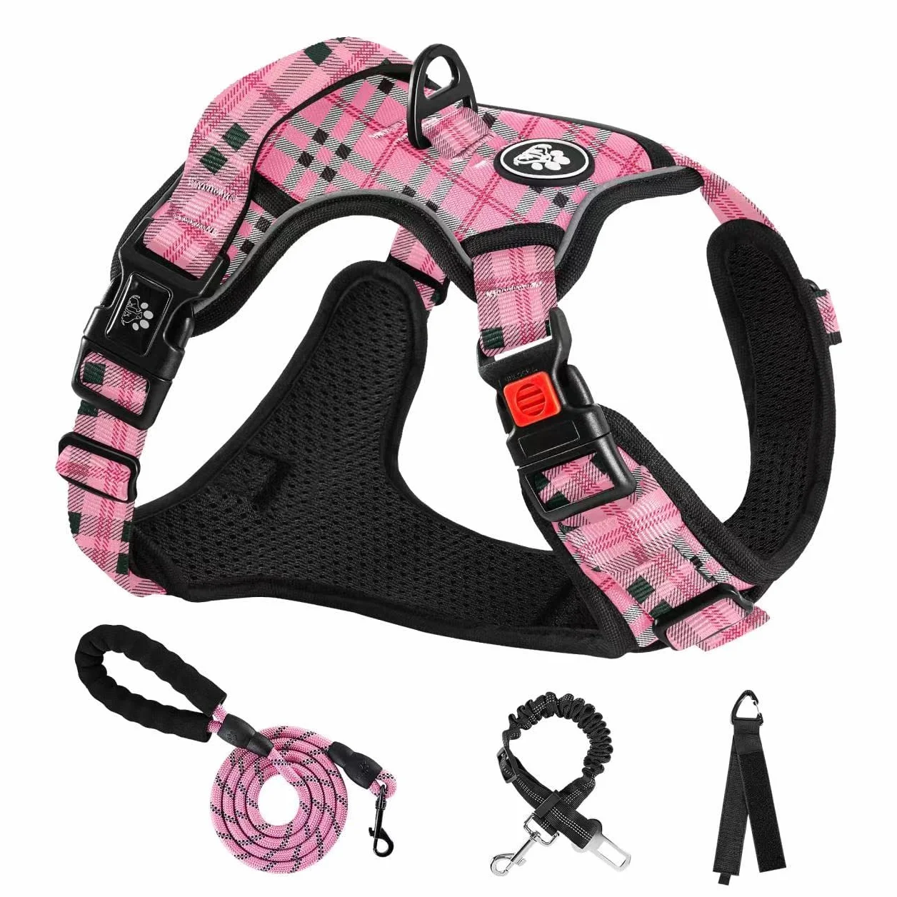 NESTROAD Harnais Anti Traction Chien Moyen Rose Plaid Taille M 33~43CM 43~64CM