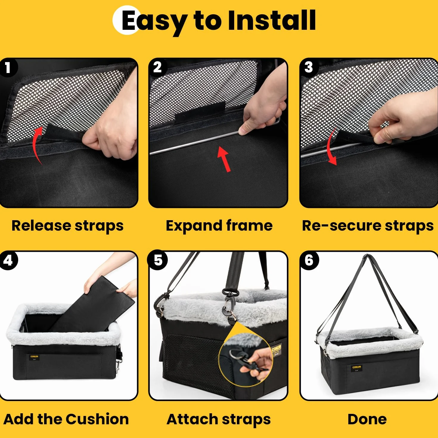 Conlun Siège Auto pour Chien de Petite Taille et Chat, Panier Chien Voiture avec Structure en Acier Renforcé, Transport Chien Voiture Imperméable avec Laisse de Sécurité, Jusqu'à 9 kg (40x33x22 cm)