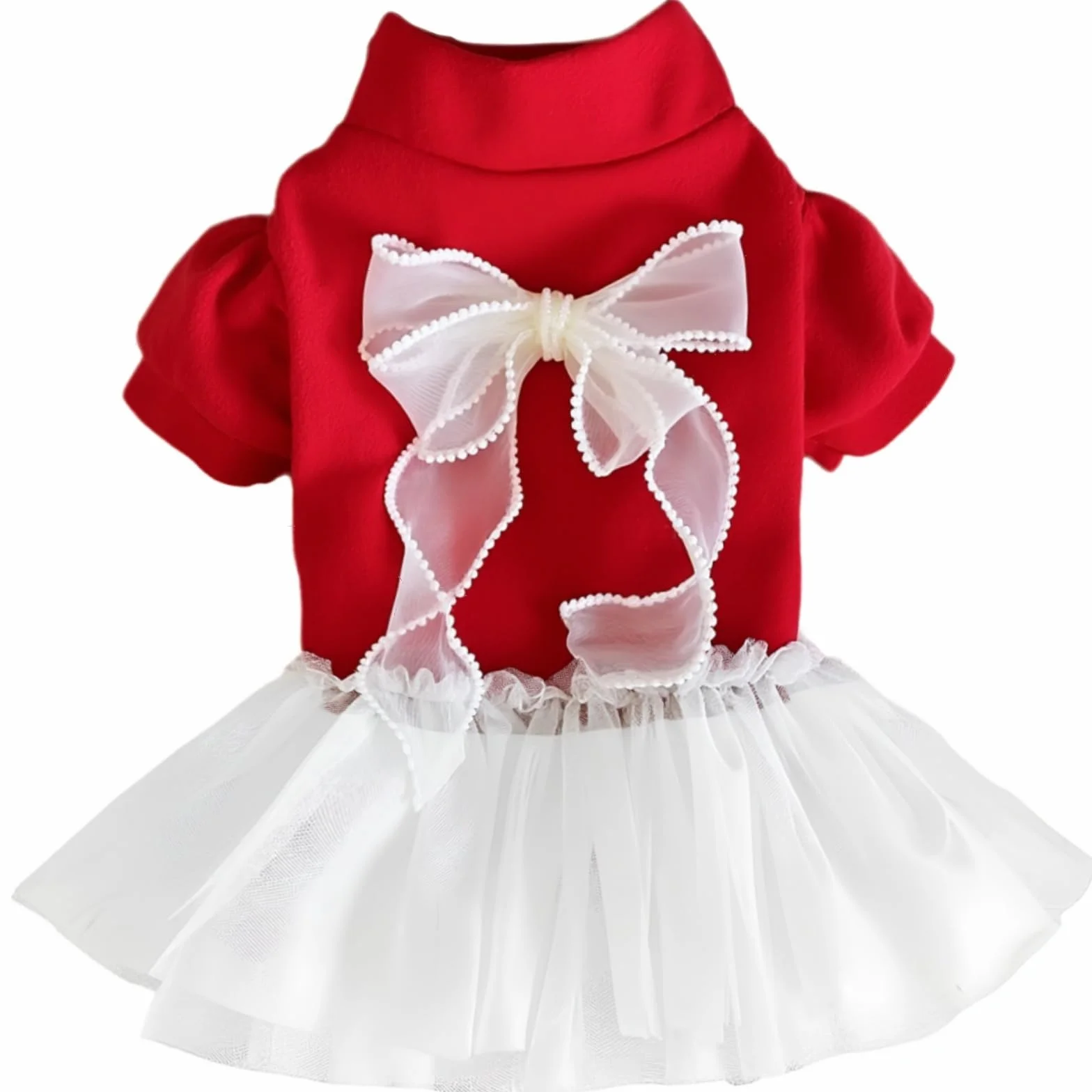 Robe de Noël pour Animal de Compagnie Motif Tulle Rouge et Blanc avec Nœud Tenue de Vacances pour Petits Chiens et Chats XL (5-7.3kg)