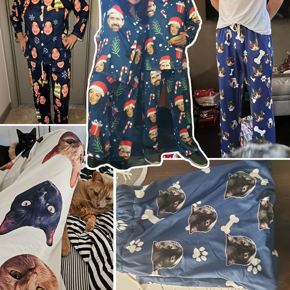 Pyjamas Personnalisés avec Photo Visages Chiens Chats Tenue Famille Assortie Anniversaire