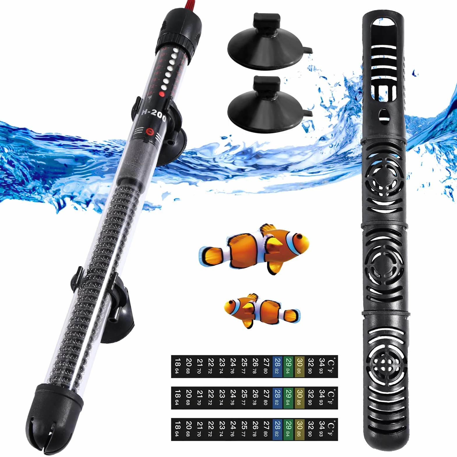 Chauffage d'aquarium 300W 300 L, Tige chauffante pour Aquarium à température réglable avec ventouses, Tige chauffante pour Aquarium avec 3 Autocollants thermomètre