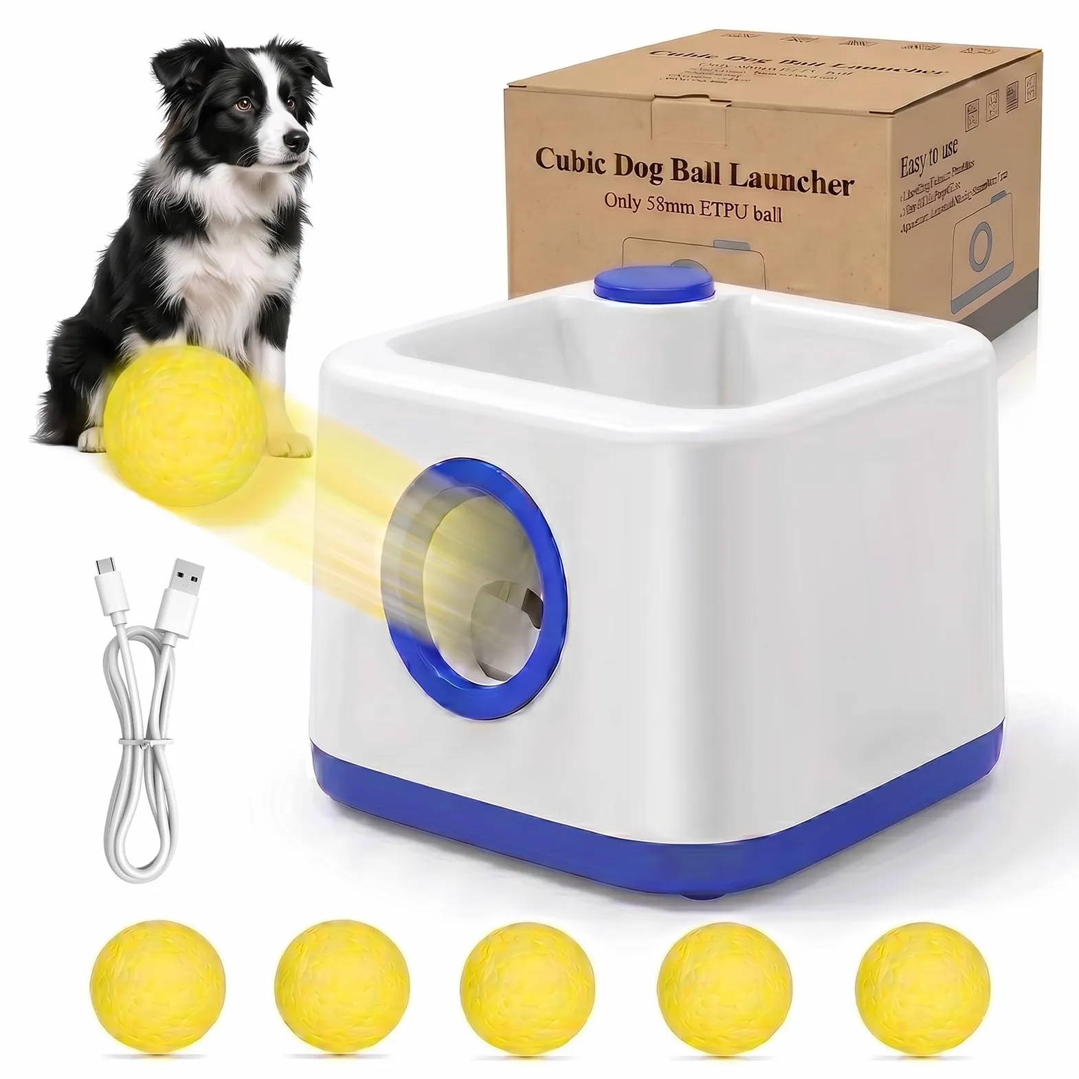 JIANAYANA Lanceur de balles automatique pour chien, jouet interactif double mode automatique et manuel, 4 distances réglables avec 5 balles ETPU, balle anti-carte pour intérieur et extérieur toutes