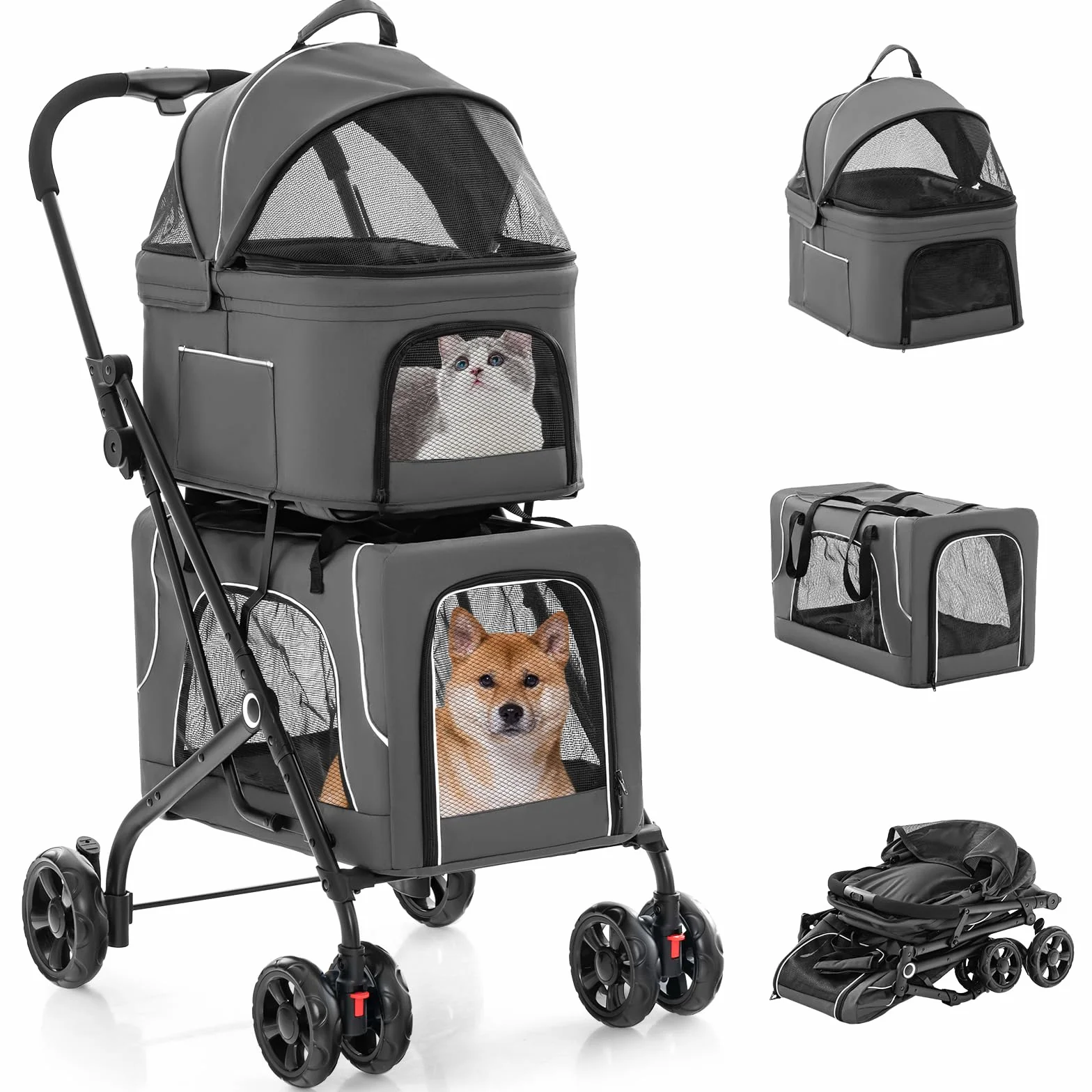 Poussette Chien Chat 2 Couches Détachable 3-en-1 GYMAX Transporteur Siège Auto Auvent Réglable Cadre Métal Pliable Gris