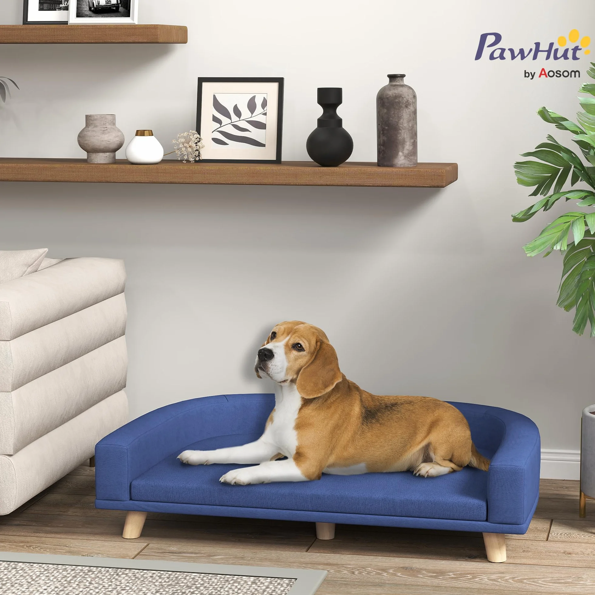 PawHut Canapé Chien Lit pour Chien avec Coussin Déhoussable Housse Lavable Design Scandinave Tissu Polyester Pieds Bois 98 x 67 x 25 cm Bleu