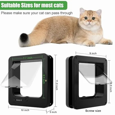 Chatière électronique intelligente pour chat avec 2 colliers de capteur et télécommande, mode de verrouillage réglable, résistant aux intempéries pour ouverture de 19 x 19 cm