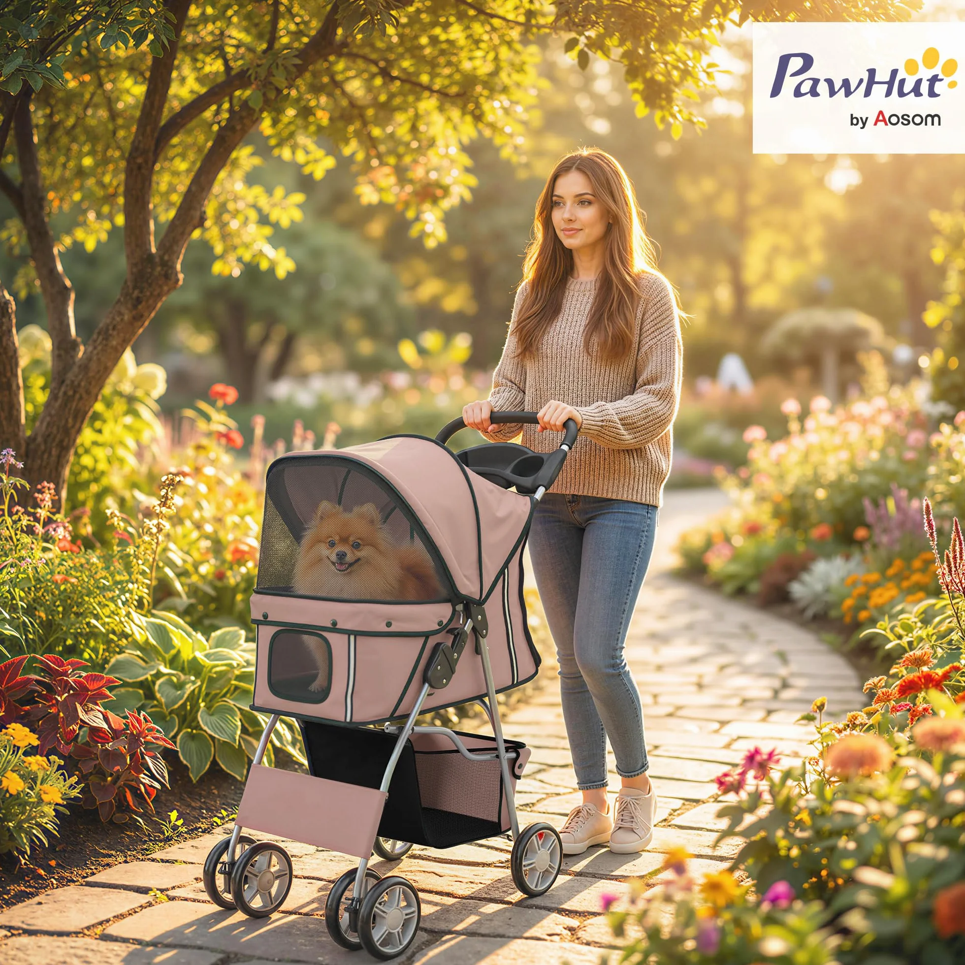 PawHut Poussette Buggy Pliable Animaux, Chariot Pliante Imperméable pour Chien et Chat, Toit Amovible, Tissu 600D Oxford, Acier, Café