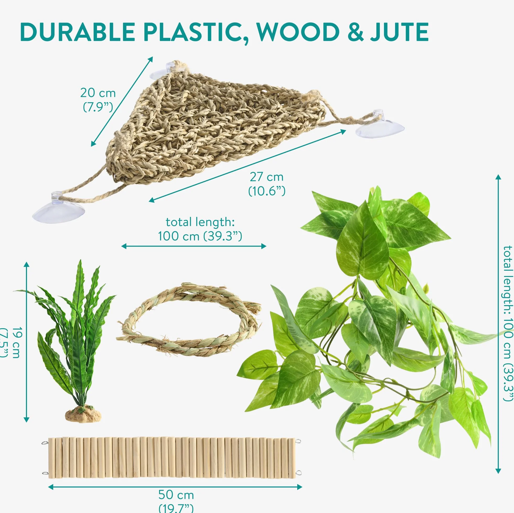 Navaris Décoration Terrarium Vivarium - Lot 5X Accessoire avec hamac Corde Petit Arbre Plante et Rampe en Bois - Deco Terrarium pour Cameleon Dragon Barbu Gecko lezard