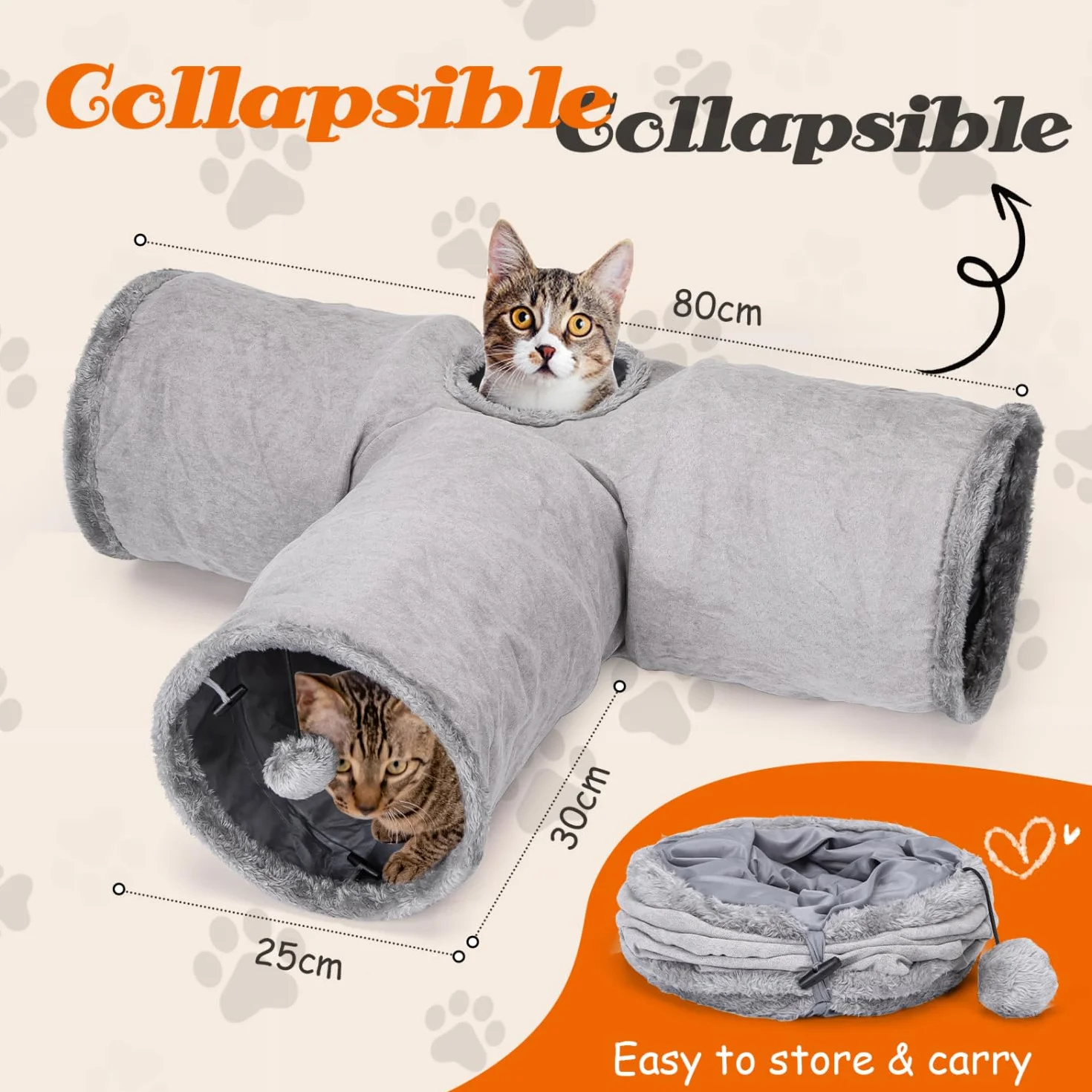 Nobleza Jouet Tunnel pour Chat avec 3 Voies, Tunnel en Daim pour Chats avec 1 Trou et Balle Suspendue, Tunnels Pliable pour Petits Animaux Lapin Cobaye Chats, Gris