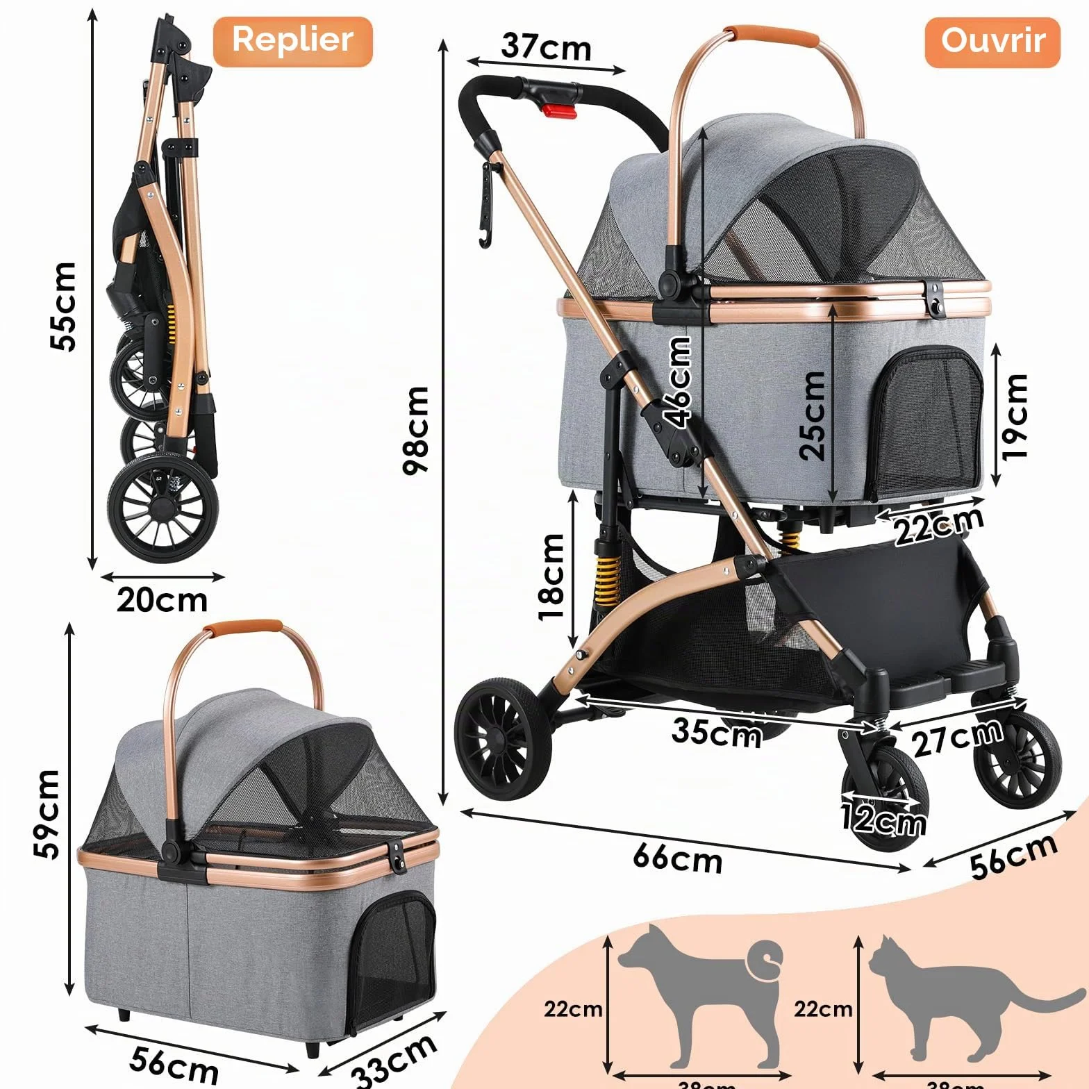 MAMIZO Poussette Chien 3-en-1 Pliable, Panier de Rangement, Fenêtre en Filet, pour Petits Chiens et Chats, jusqu'à 20 kg, Roues 360° Résistantes, Gris Foncé