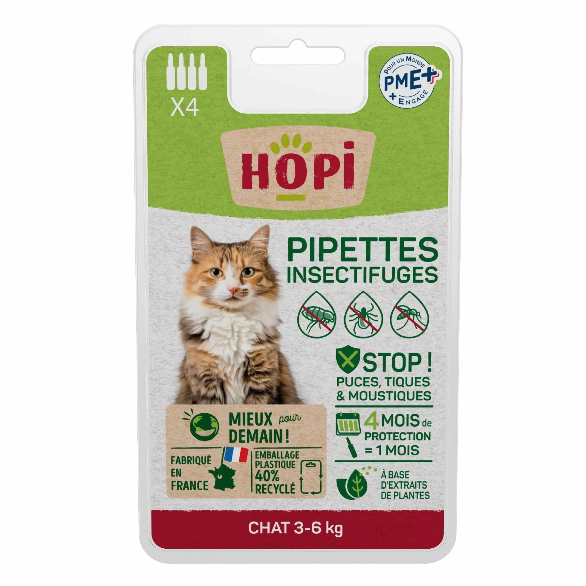 HOPI Pipette Anti Puces Chat 3-6 kg 4 Mois Protection Puces Tiques Moustiques Extraits Plantes Fabriqué France